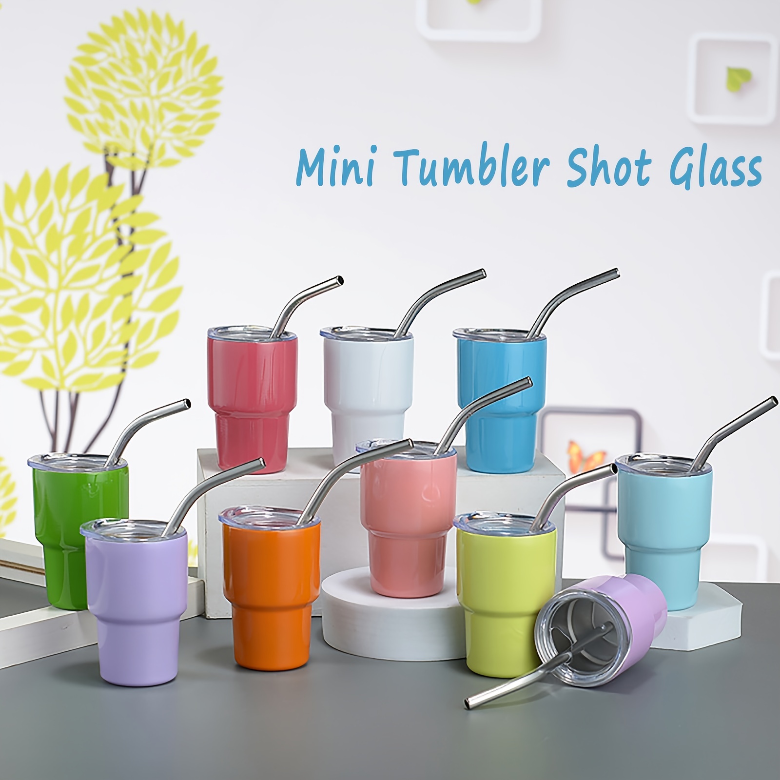 3PCS Mini Tumbler Shot Glass with Straw & Lid, Double Wall, 2Oz(A)