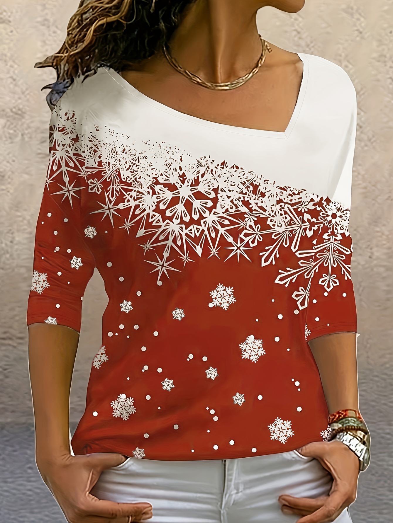 Plus Size Christmas Casual T-shirt, Women's Plus Snowflake Print Long  Sleeve Irregular Neck Medium Stretch Top