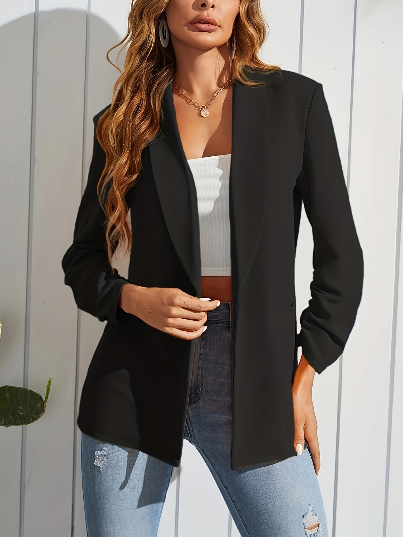 Open Front Solid Blazers Elegant Long Sleeve Open Front - Temu