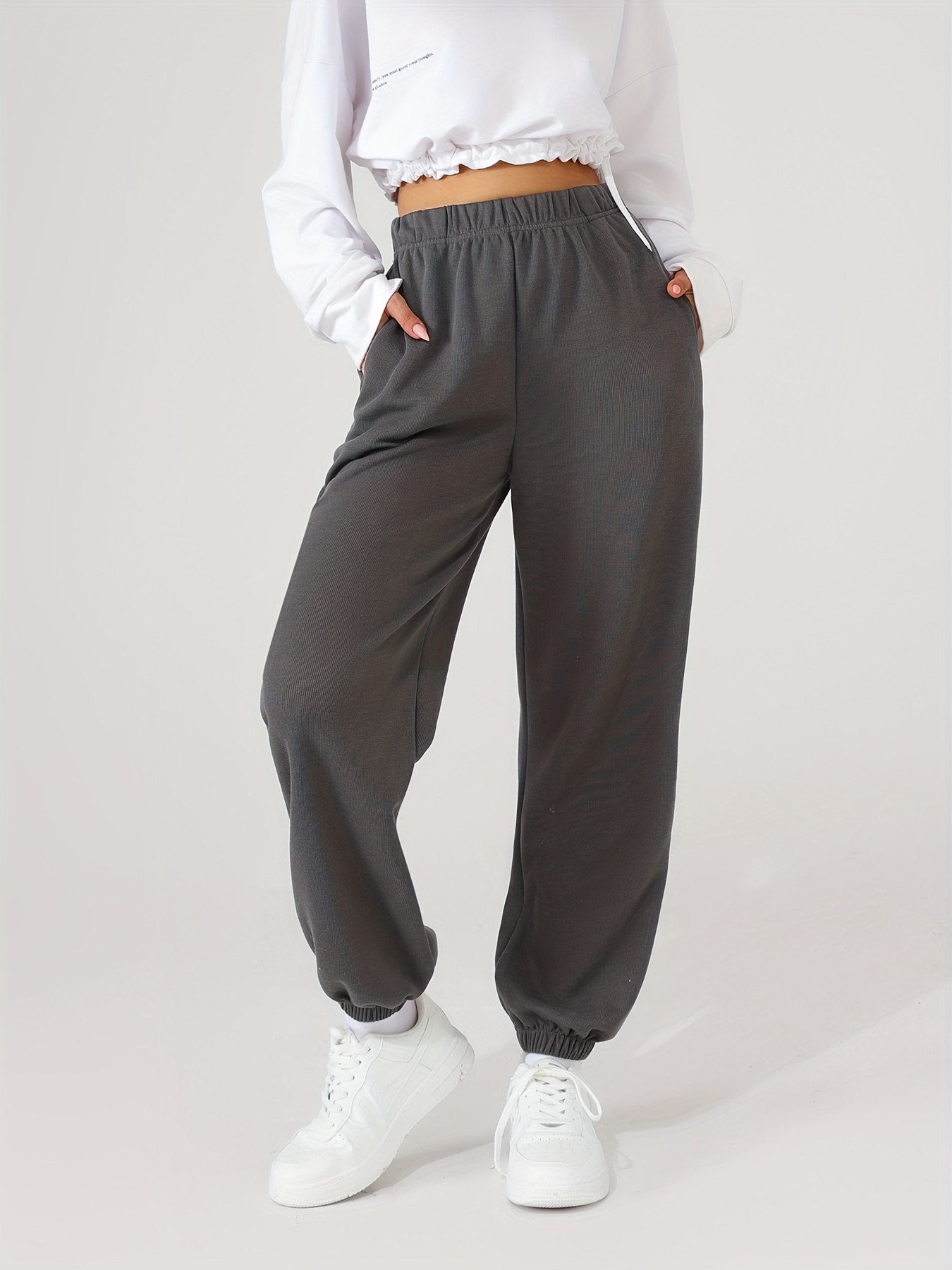 JWZUY Womens Plain Pants Casual Jogger Sweatpants Ankle Length Drawstrijg  Elastic Waist Pant Workout Fitness Pants Black XL