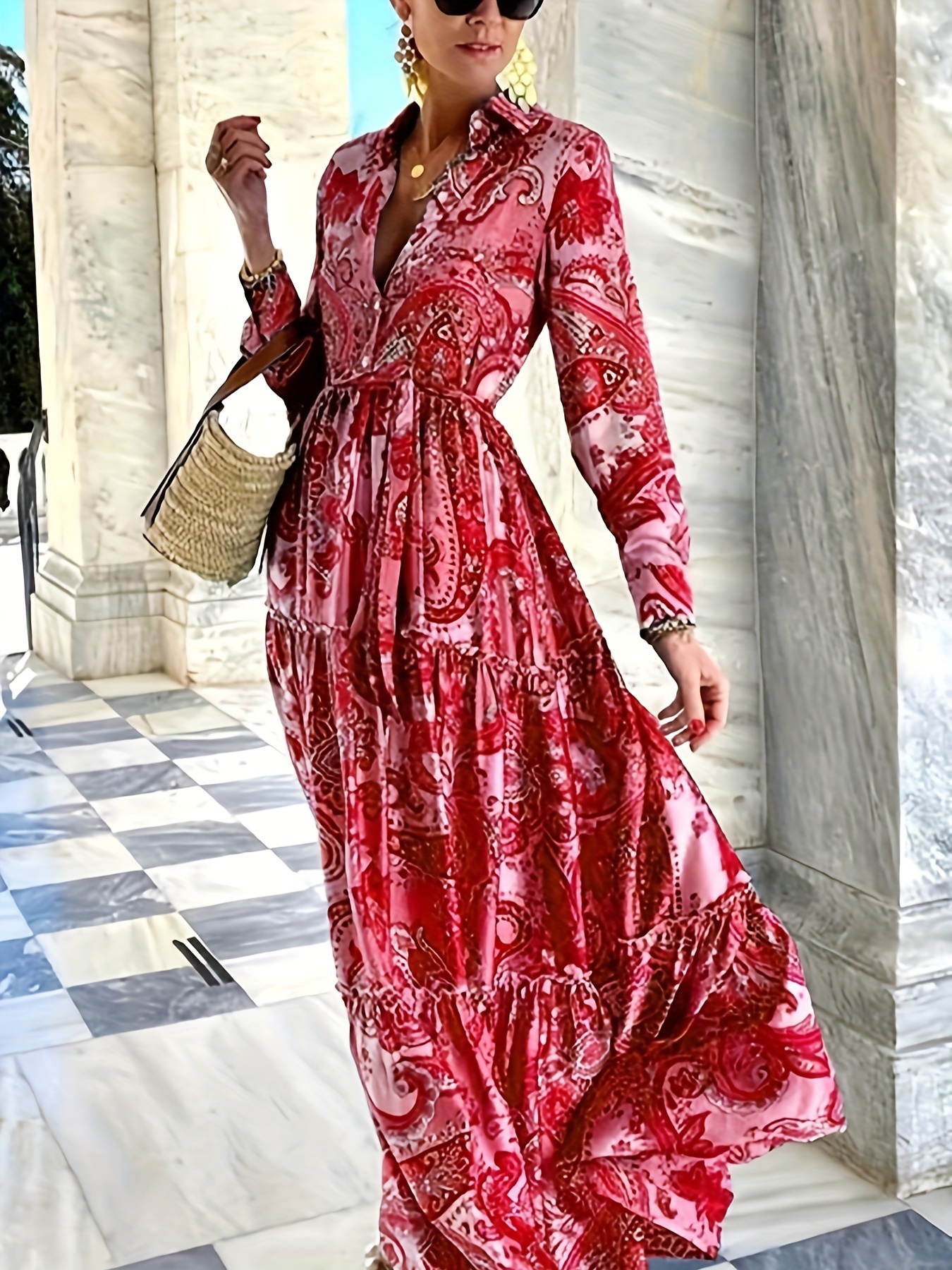 Paisley Print Shirred Waist Dress, Boho Elegant Long Sleeve Maxi Dress,  Women's Clothing