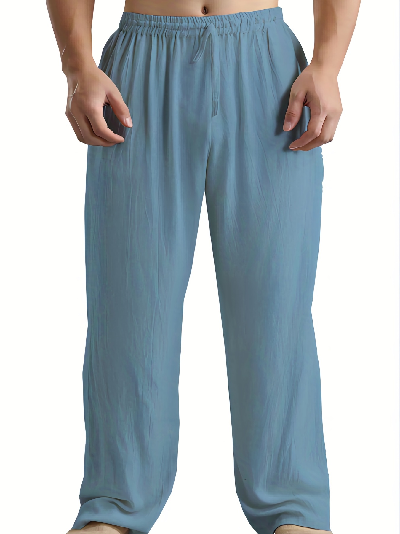 New Arrival Mens Elastic Waist Cotton and Linen Trousers Men Solid