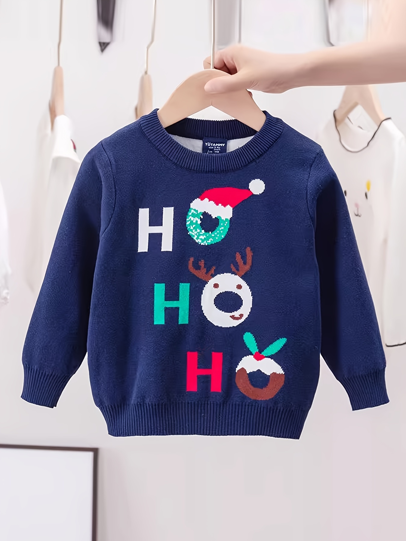 Girls Christmas Sweater Ho Ho Cartoon Jacquard Knit Pullover