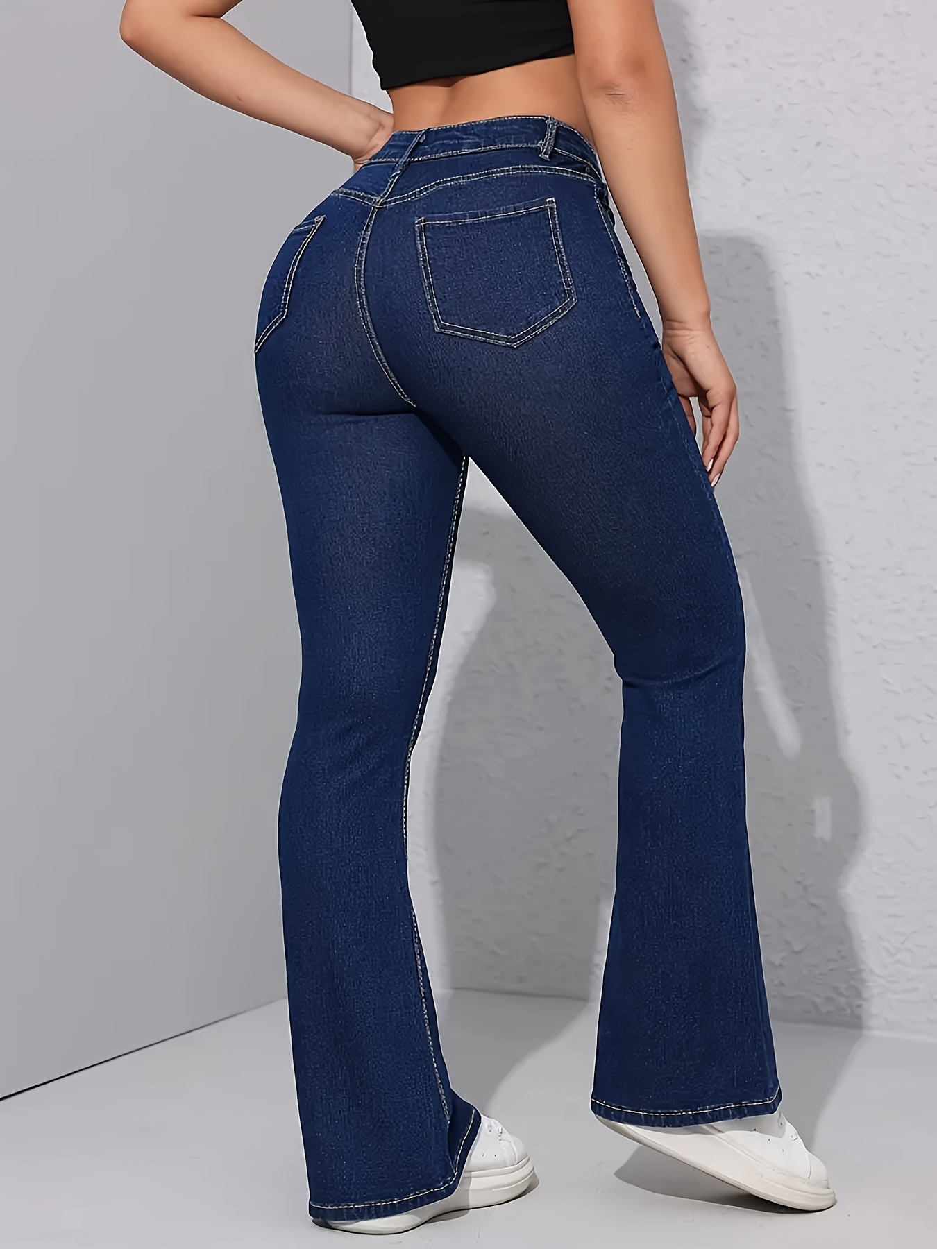 Blue High Stretch Bootcut Jeans Slim Fit Slant Pockets Mid - Temu Australia
