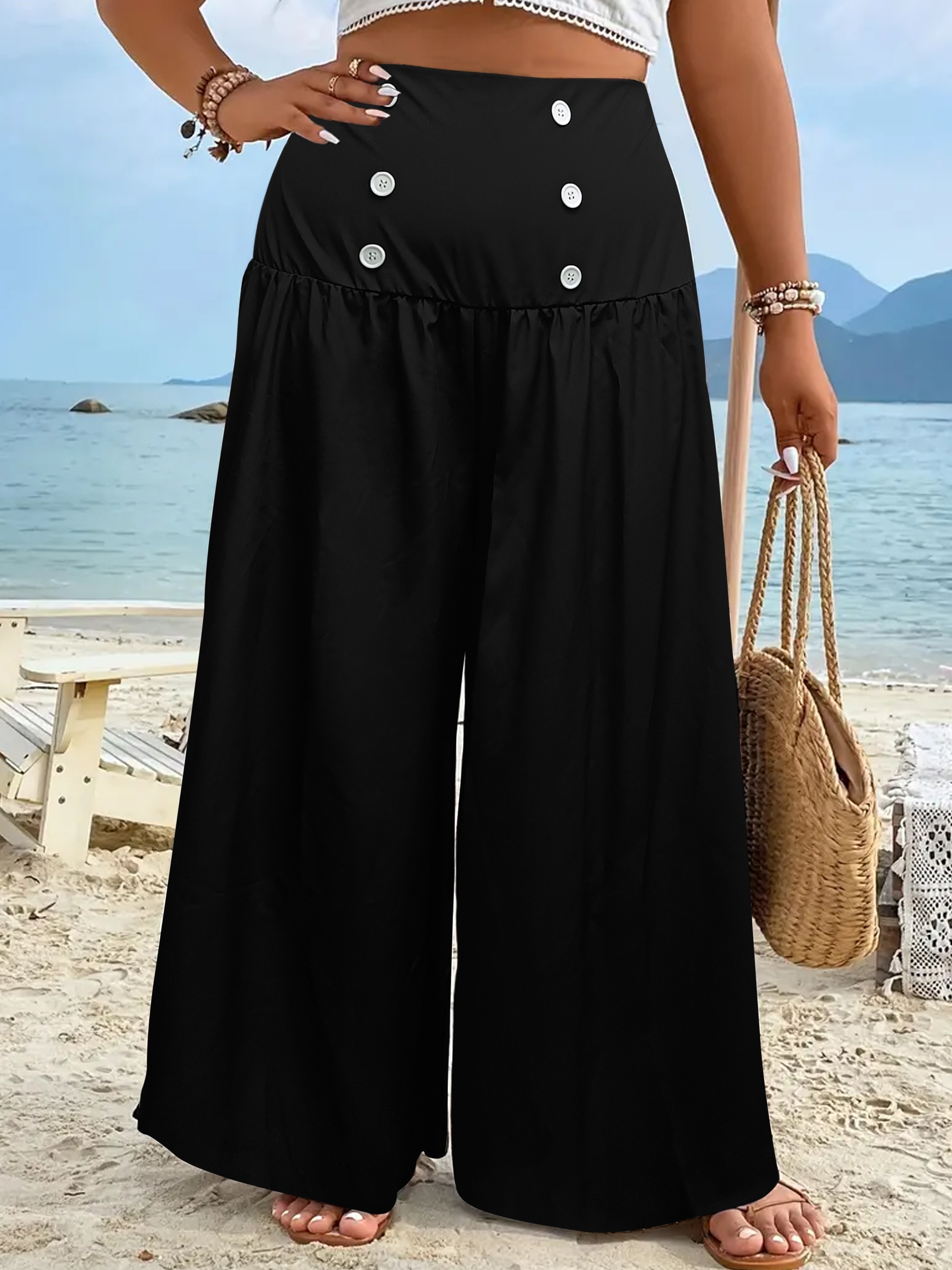 Plus Size Casual Pants Women's Plus Solid Shirred Waist - Temu Australia