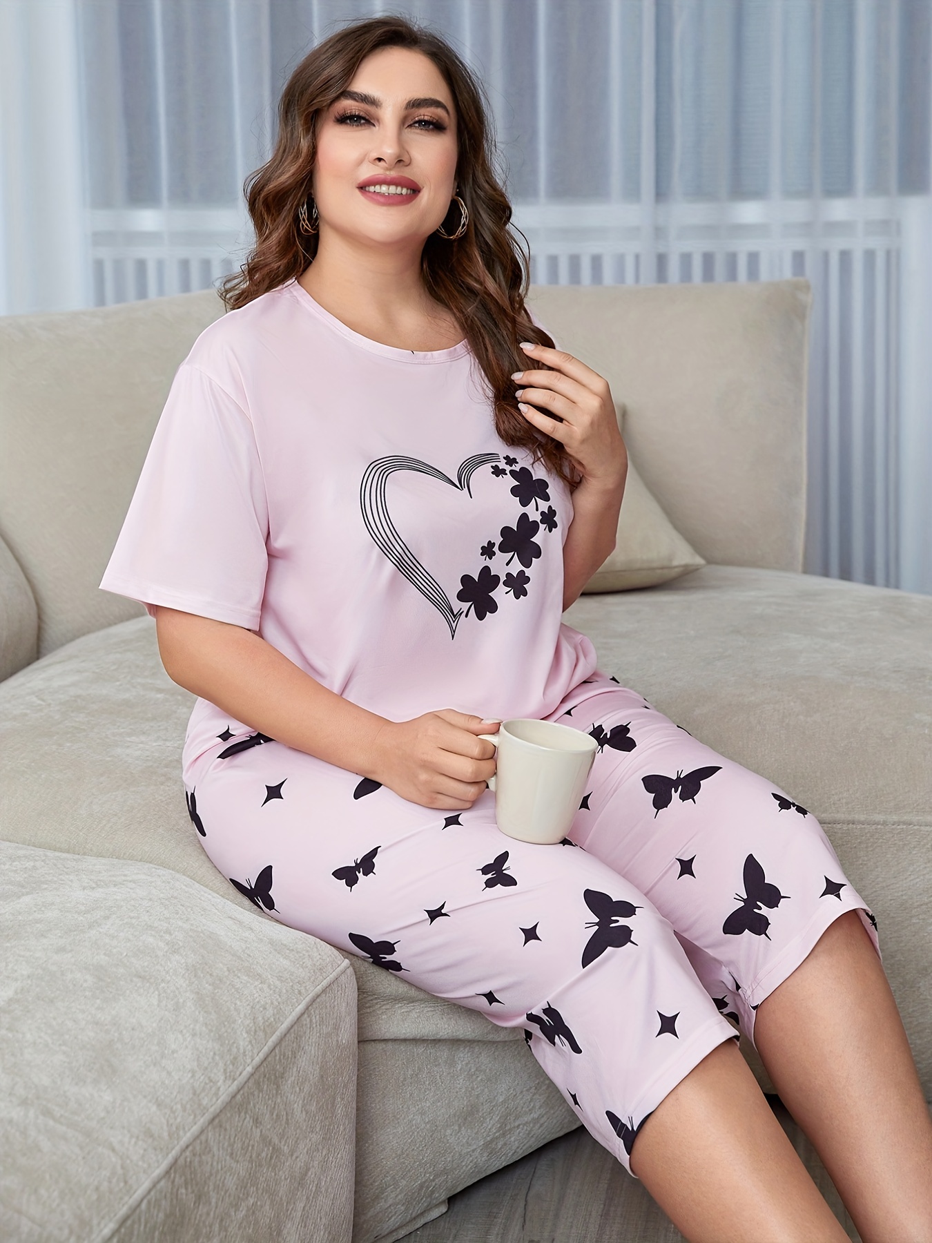 Plus Size Cute Pajamas Set Women's Plus Solid Lettuce Trim - Temu