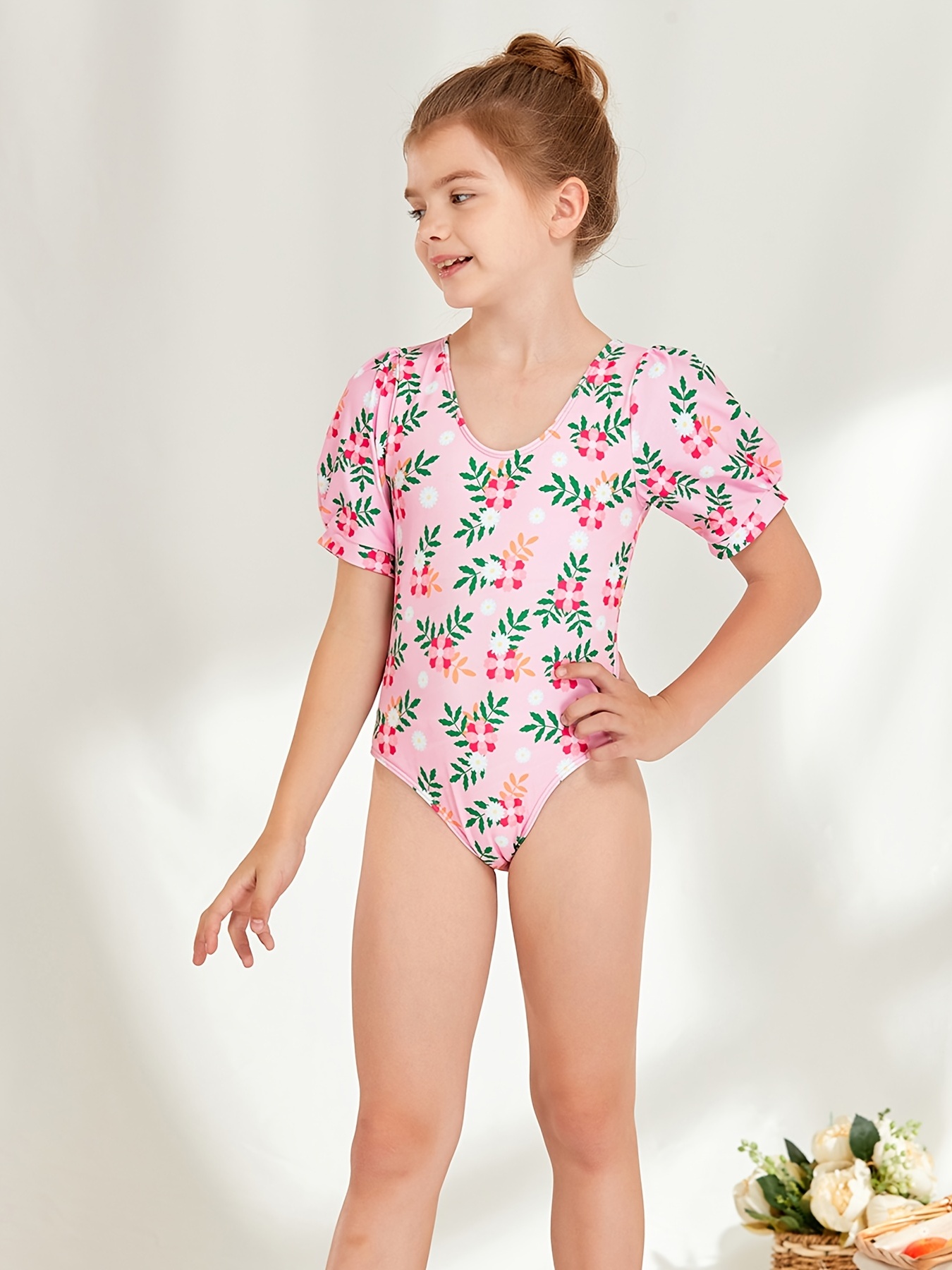 Girls Short Puff Sleeves Flowers Graphic One-Piece Swimsuit Kids Summer  Beach Clothes Bathing Suits
