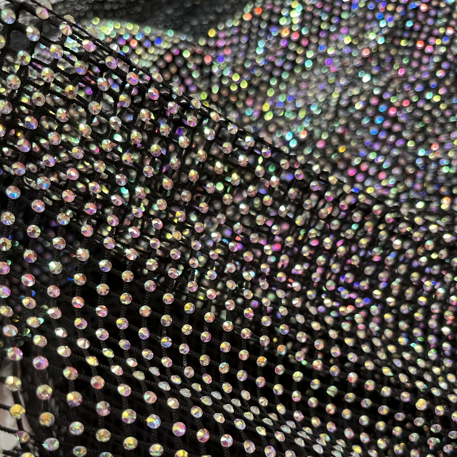 Exquisite AB Color Rhinestone Fabric Stretchy Mesh, a Yard (48 inch by 36  inch) Black