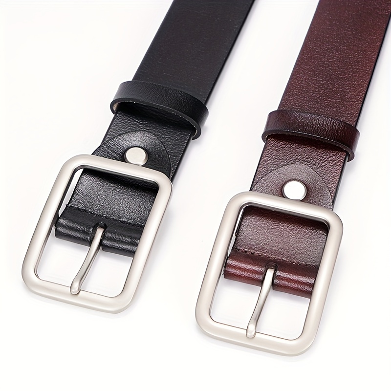 Genuine Leather Belt Solid Color Rectangular Pin Buckle Belt - Temu