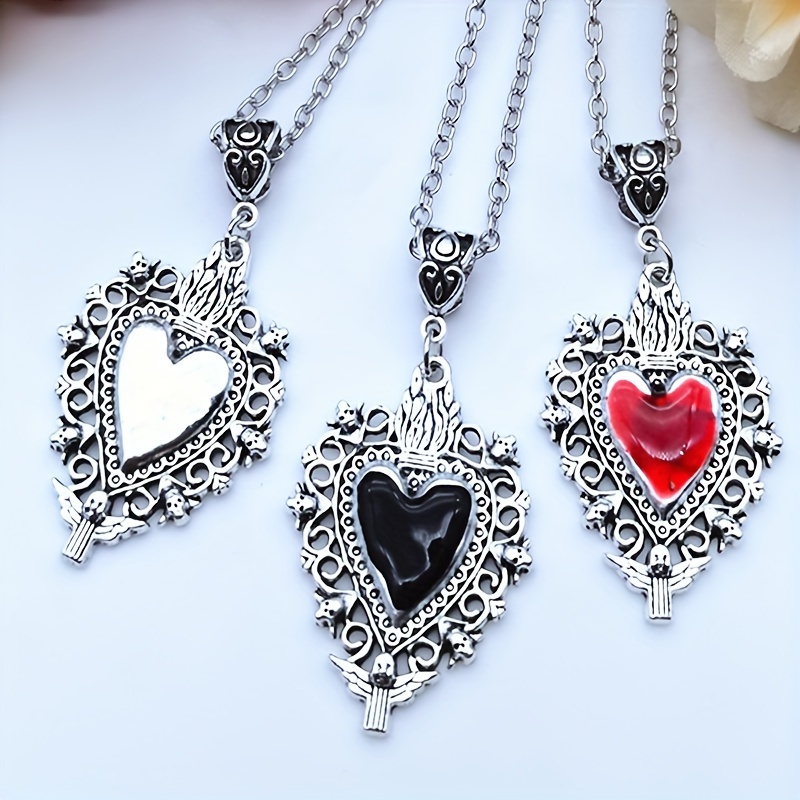 Gothic Style White Black Heart Pendant Black Rope Necklace - Temu
