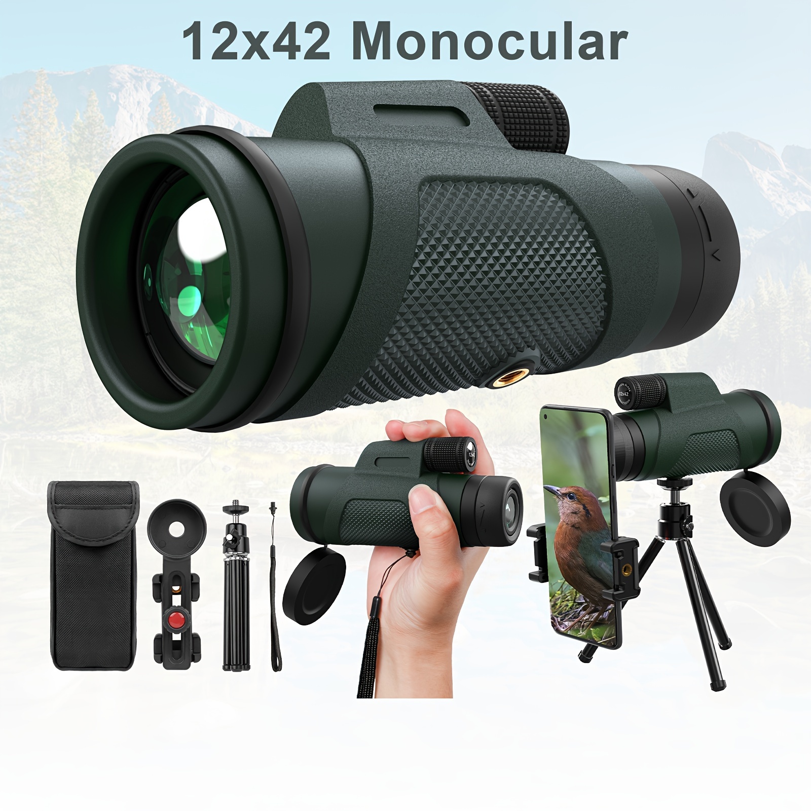 Telescopio monocular HD 12x56 monocular para adultos – Telescopio de  bolsillo de largo alcance de alta potencia con adaptador para teléfono