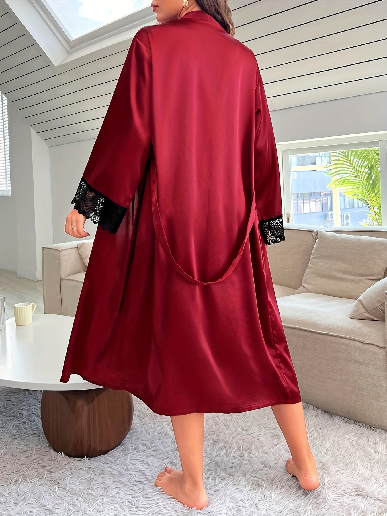 Lace Stitching Lounge Set Long Sleeve Robe & Slip Dress