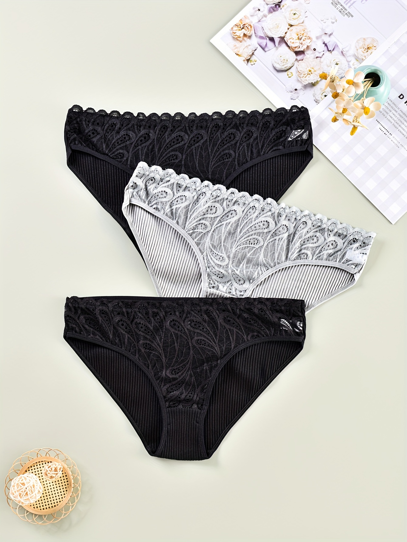 3 Pack Plus Size Elegant Panties Set, Women's Plus Ribbed Contrast Lace  Seamless Comfort Briefs Three Piece Set