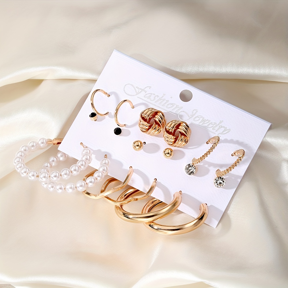 vintage punk metal earring set pearls rhinestones alloy - Temu