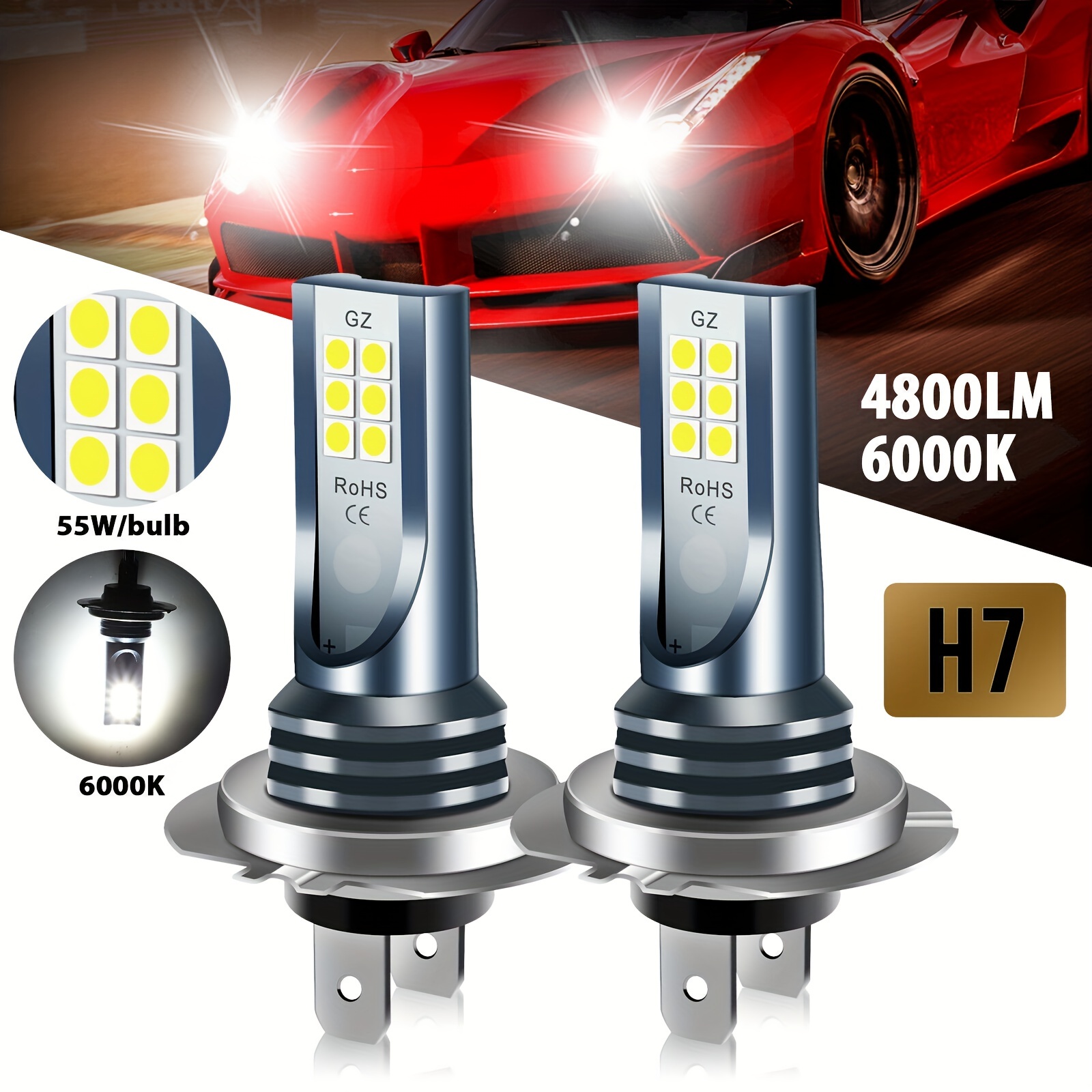 2pcs H7 Led Car Front Fog Lights Headlight Lamp Bulb 6000k - Temu