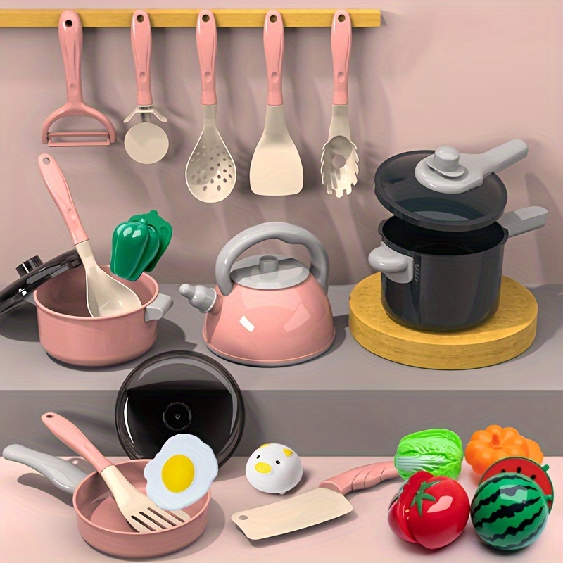 Juego de 28 juguetes de cocina de simulación, juego de cocina con  utensilios de cocina de acero inoxidable y accesorios para niños pequeños y  niñas