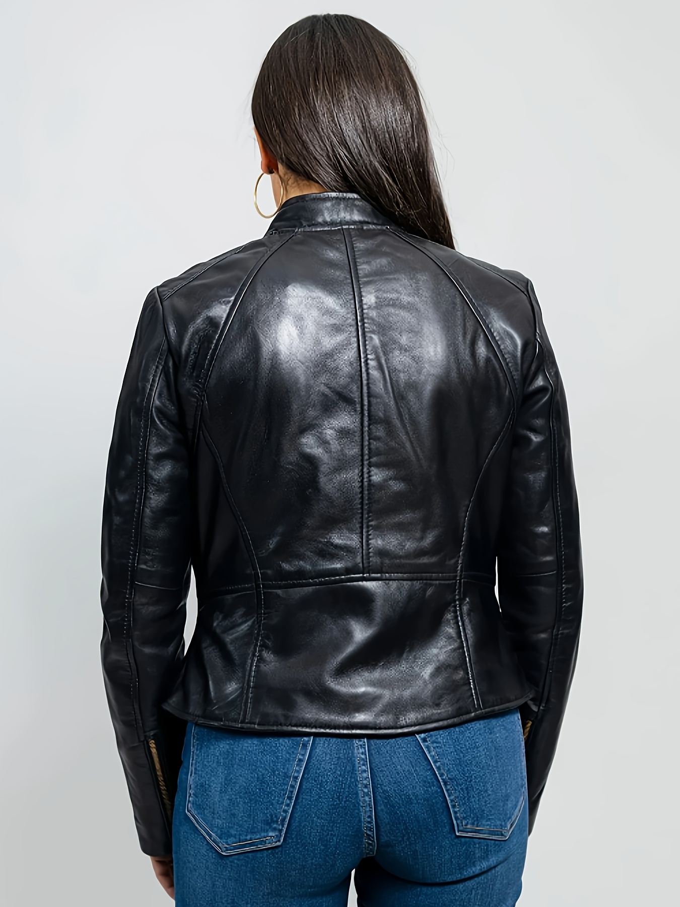 Solid PU Leather Jacket, Street Wear Zip up Long Sleeve Moto