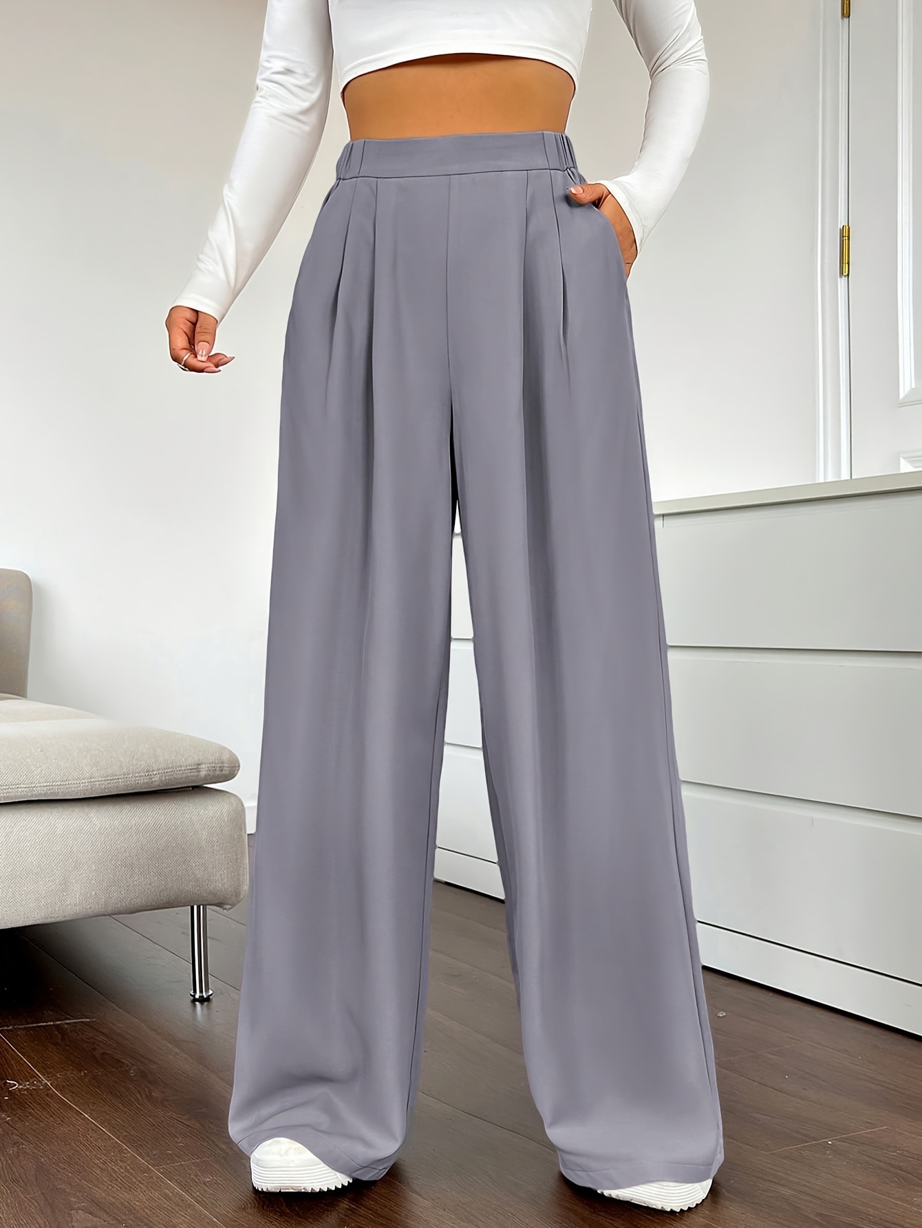 Solid Pleated Wide Leg Pants Elegant High Waist Pocket Pants