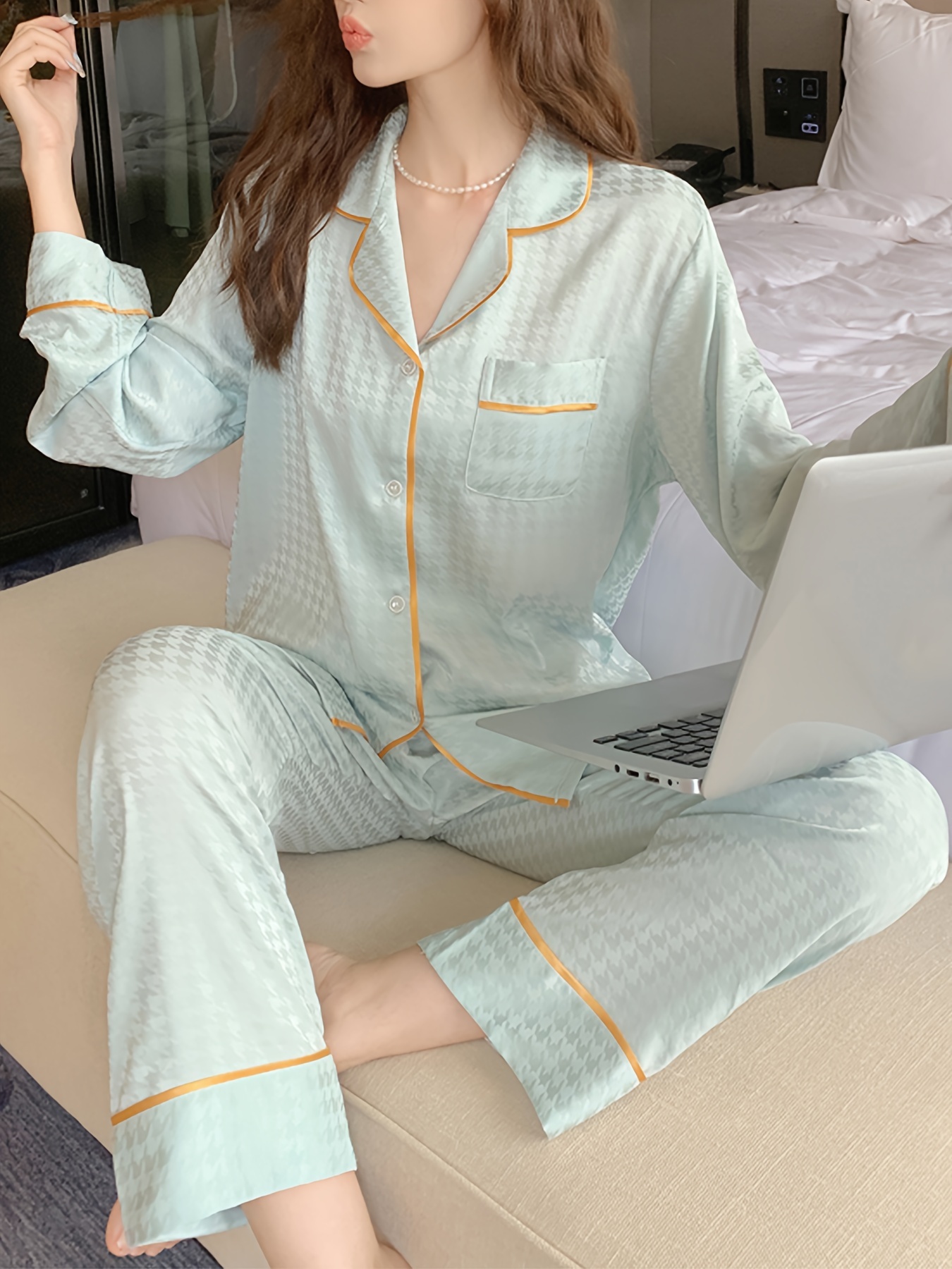 Plaid Pajamas Set Button Up Blouse Top & Pants