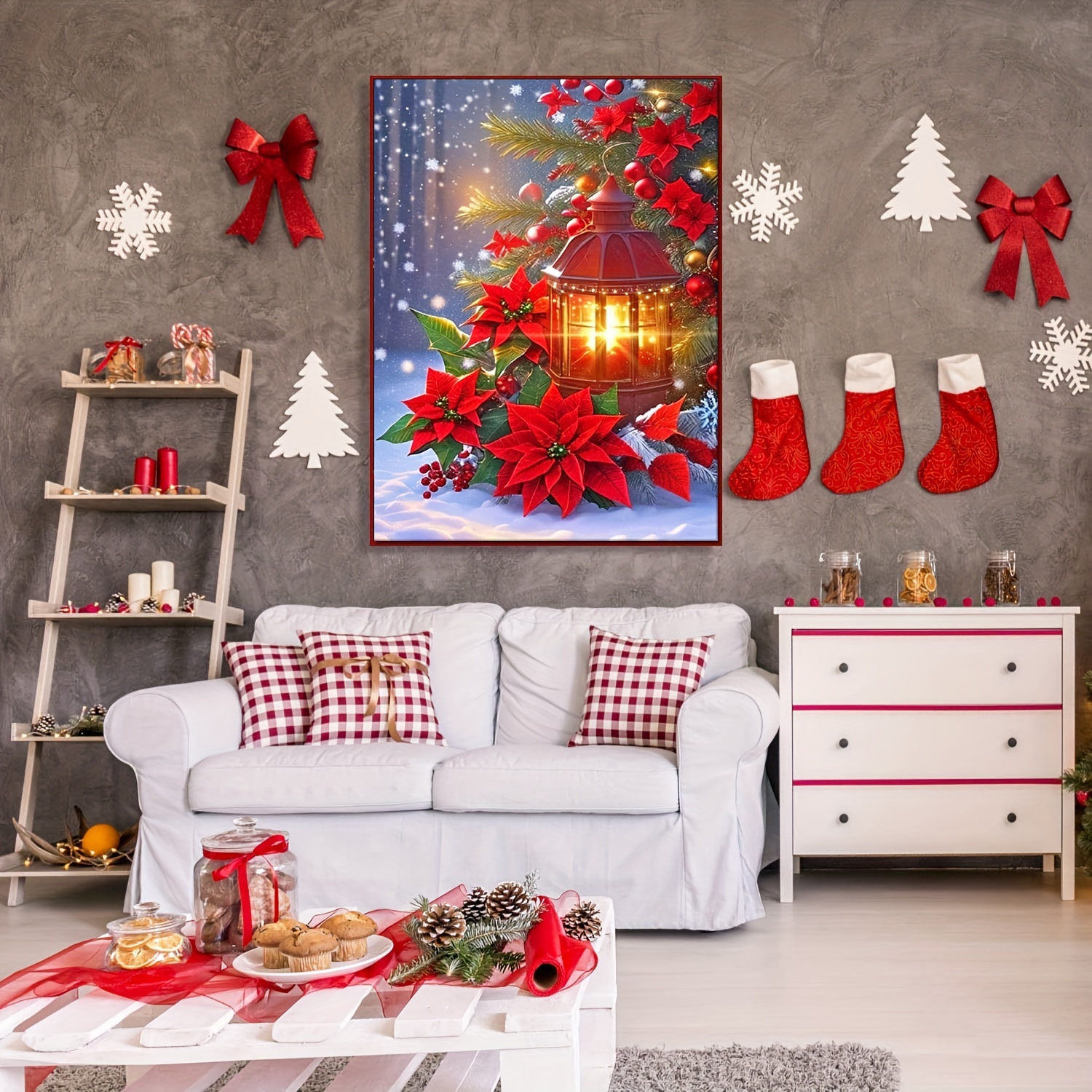 Christmas Decor, Diamond Painting, Christmas Poinsettia Wall Art