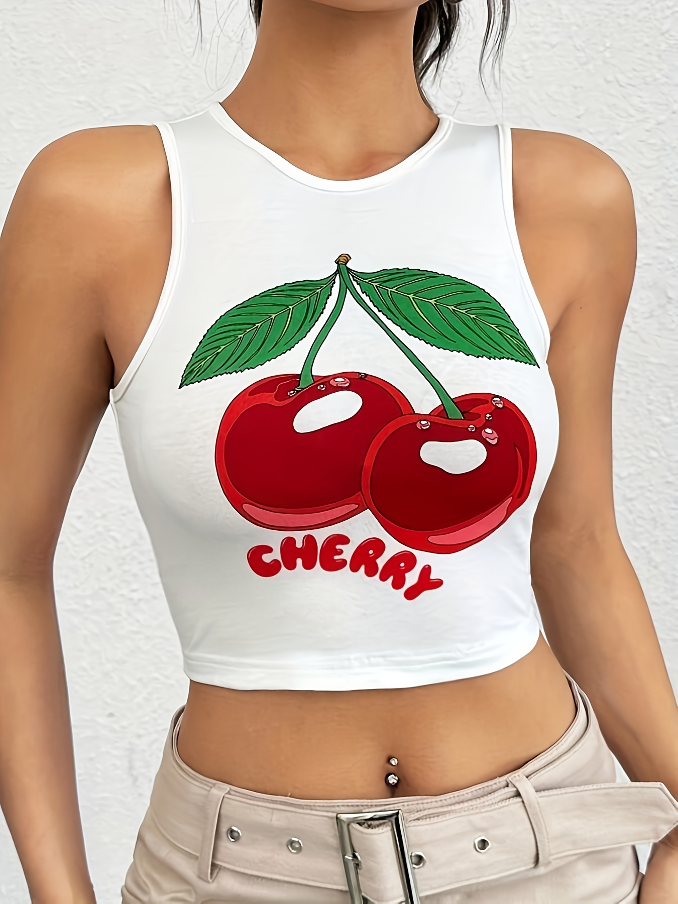 Cherry Print Sleeveless Bodycon Tank Top Cute Summer High - Temu Canada