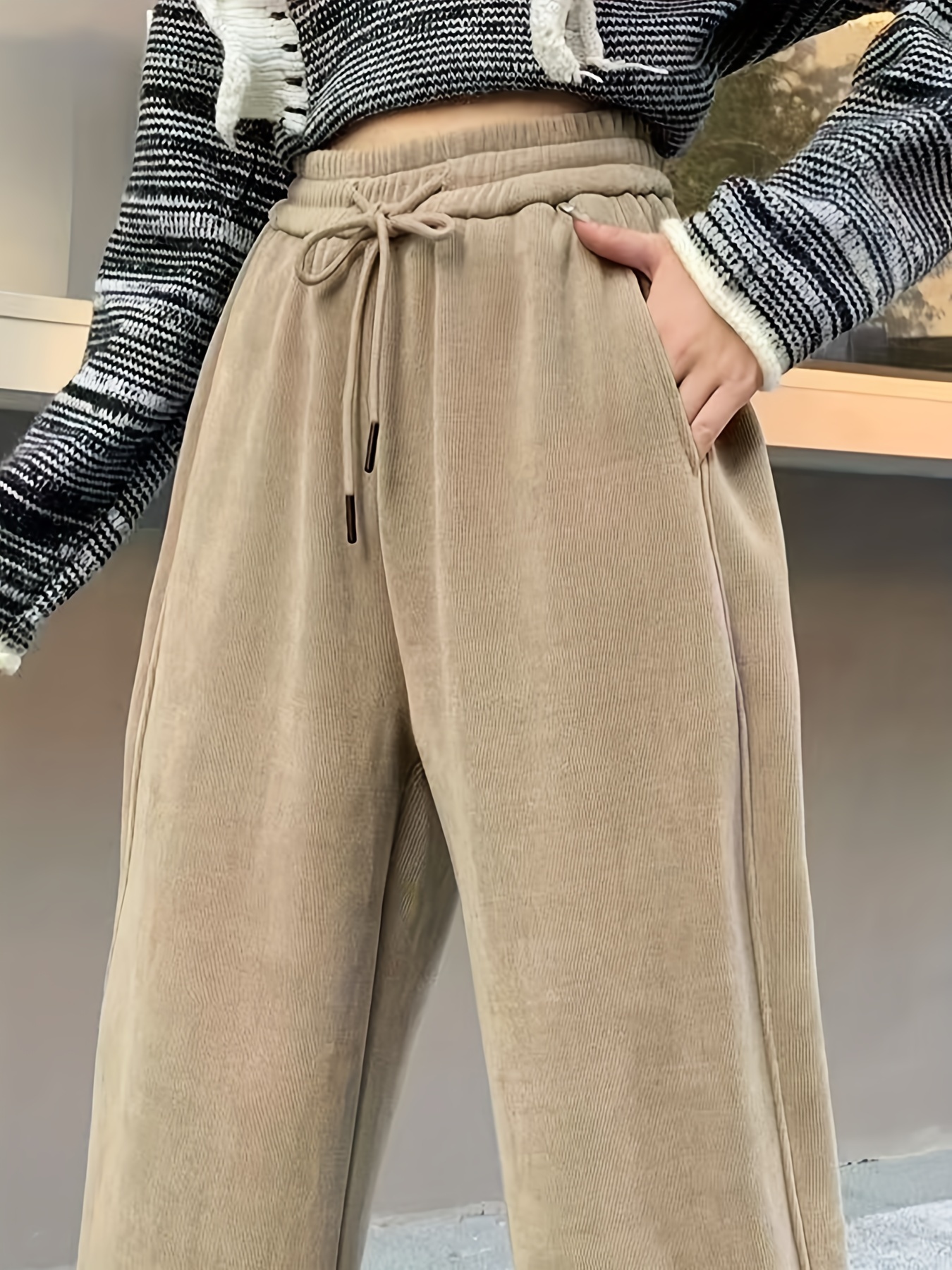 Women Autumn Winter Knit Straight Wide Leg Pants Casual Solid
