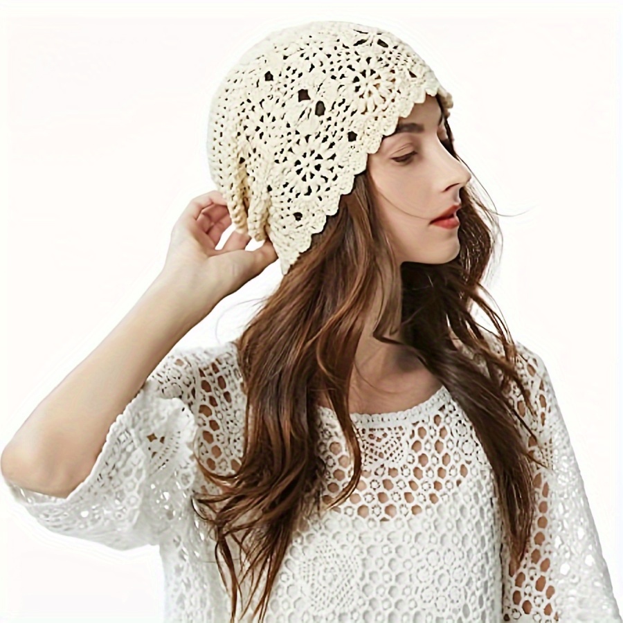

Floral Crochet Slouchy Beanie Solid Color Hollow Out Breathable Skull Cap Lightweight Elastic Beanies Chemo Cap For Women Spring & Summer