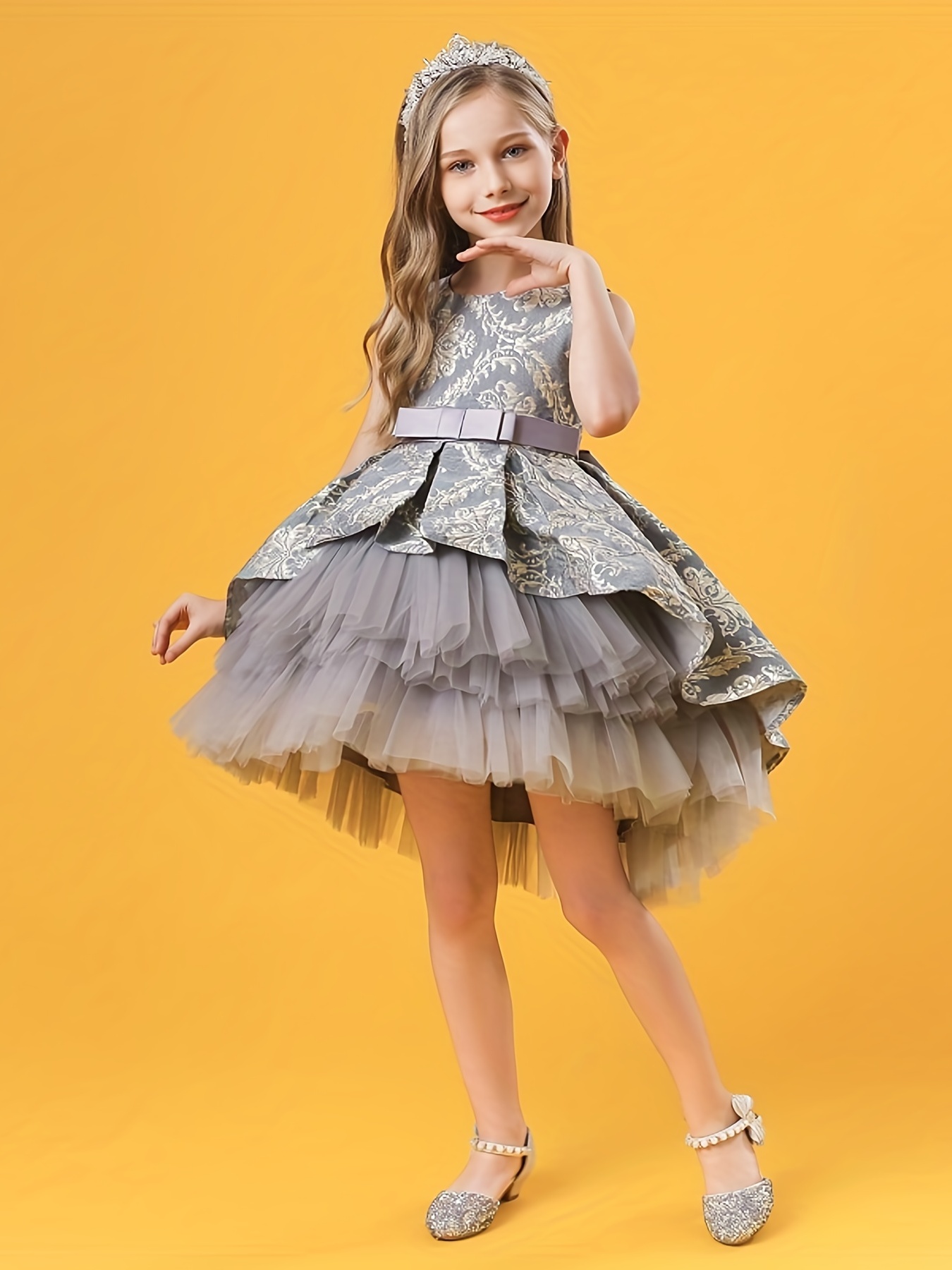 Girl's Jacquard Layered Mesh Dress, Sleeveless Elegant Dress For Birthday  Party Performance, Kid's Clothes For Summer