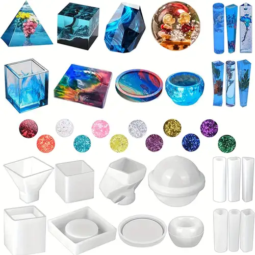 26PCS Silicone Resin Molds Kit, Epoxy Molds, Large Casting with 12 Glitter  Sequins for UV Casting, Including Sphere, Cube, Pyramid, Square, Coaster, S
