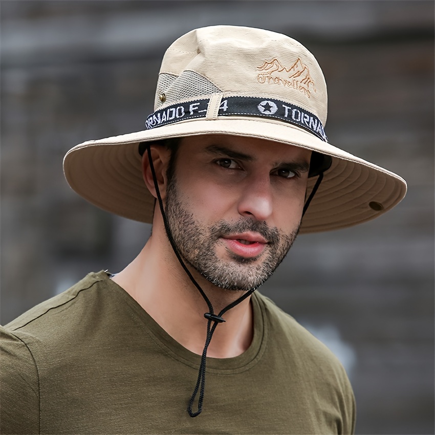 Khaki Sporty Sun Protection Hat, Men's 1pc Outdoor Big Brim and Sports Bucket Hat for Fishing,Temu