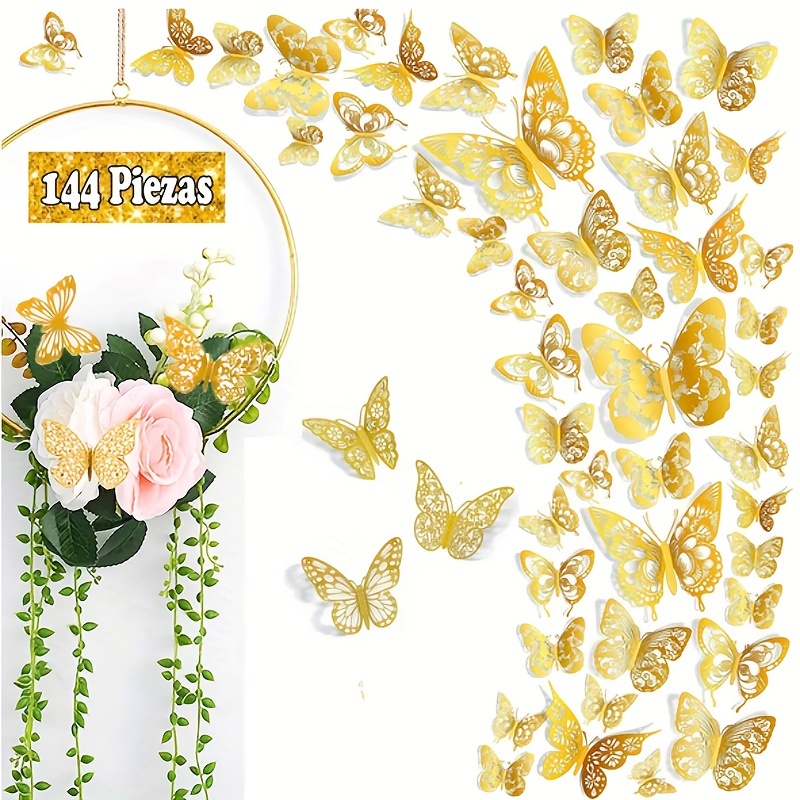 144 piezas de decoración de pared de mariposa dorada, adornos de mariposa  3D, calcomanías de mariposa 3D de 6 estilos y 3 tamaños, calcomanías  murales