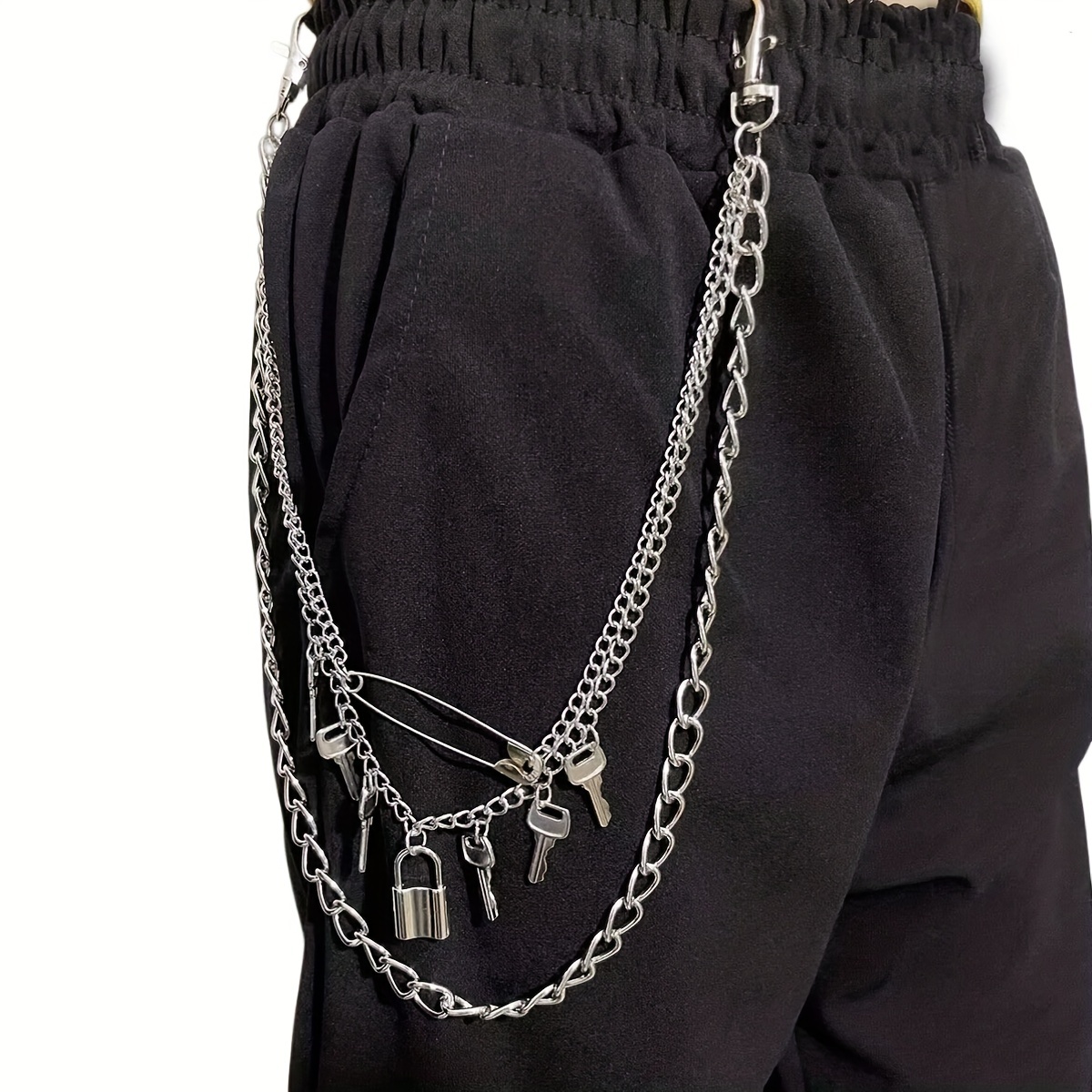 Silver Grey Punk 1pc Belt, Men's Key Lock Three Layer Waist Chain Hip Hop Rock Gothic Pants, Trousers Belt for Men,Gothic Clothes Men,Temu