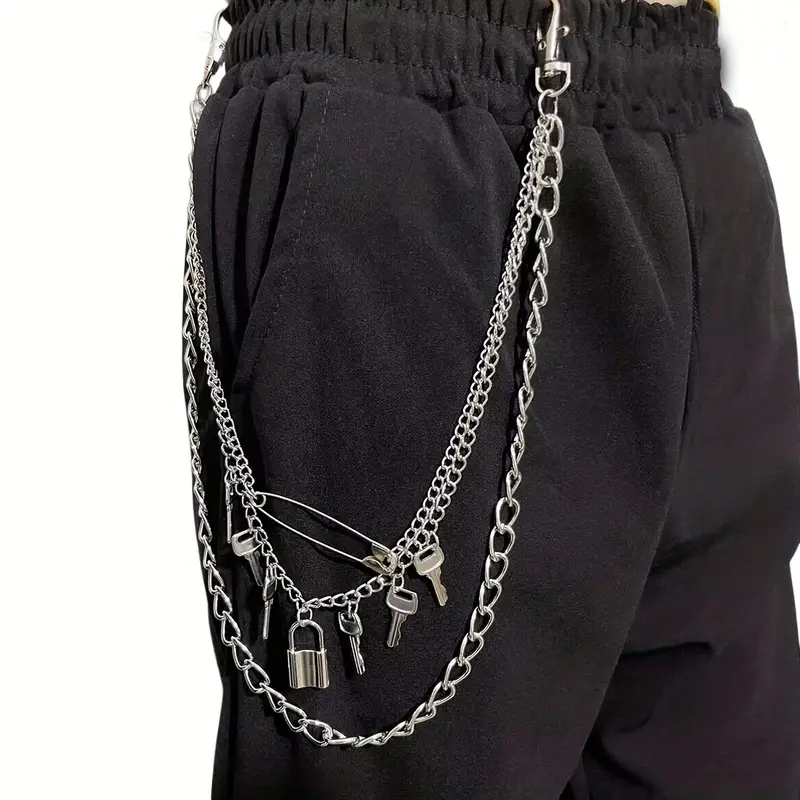 Silver Grey Punk 1pc Belt, Men's Key Lock Three Layer Waist Chain Hip Hop Rock Gothic Pants, Trousers Belt for Men,Gothic Clothes Men,Temu