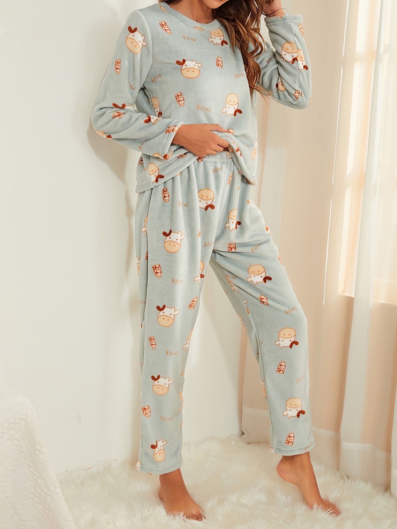 Women's Autumn Cute Cartoon Cat Polka Dot Long Sleeve Pajama Set Cotton Top  Long Pants Sleepwear