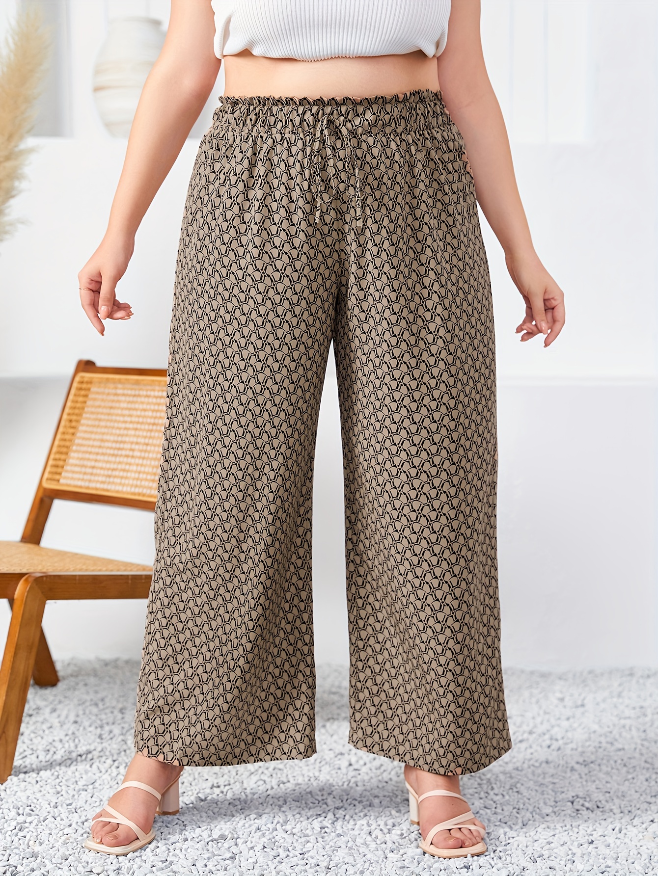 Plus Size Boho Pants Women's Plus Allover Print Ruffle Trim - Temu