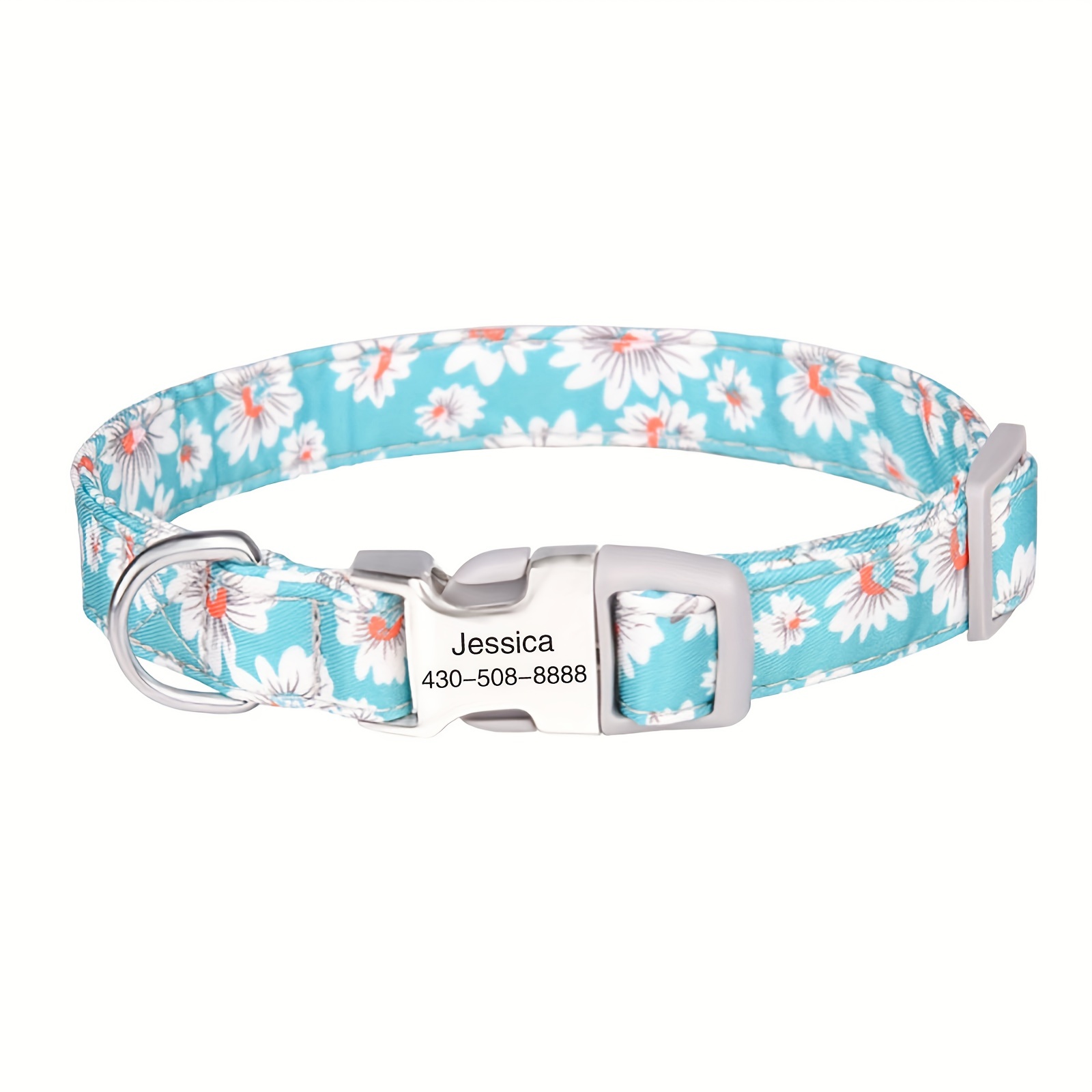 

Personalized Light Blue Patterned Polyester Dog Collar - Engraved For Pet Safety & Style!