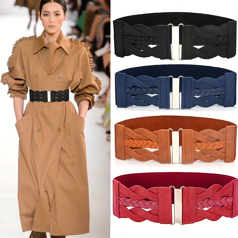 Vintage Braided Wide Belts Hollow Out Solid Color Elastic Waistband Classic Dress Coat Girdle for Women, Christmas Styling & Gift,Temu