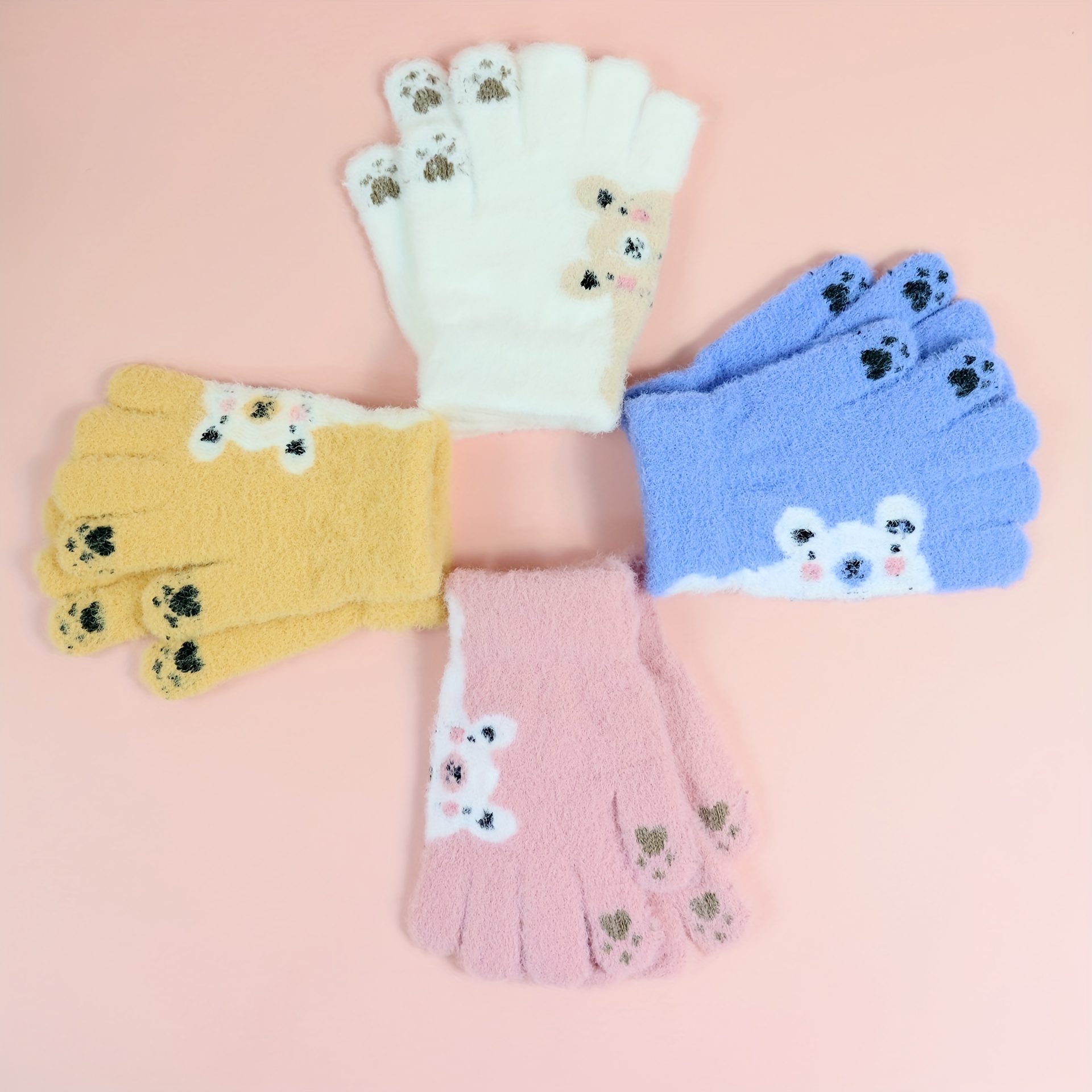 1pair Children Winter Knitting Gloves, Bowknot Bear Plush Soft Five Finger  Gloves, Boys Girls Warm Gloves