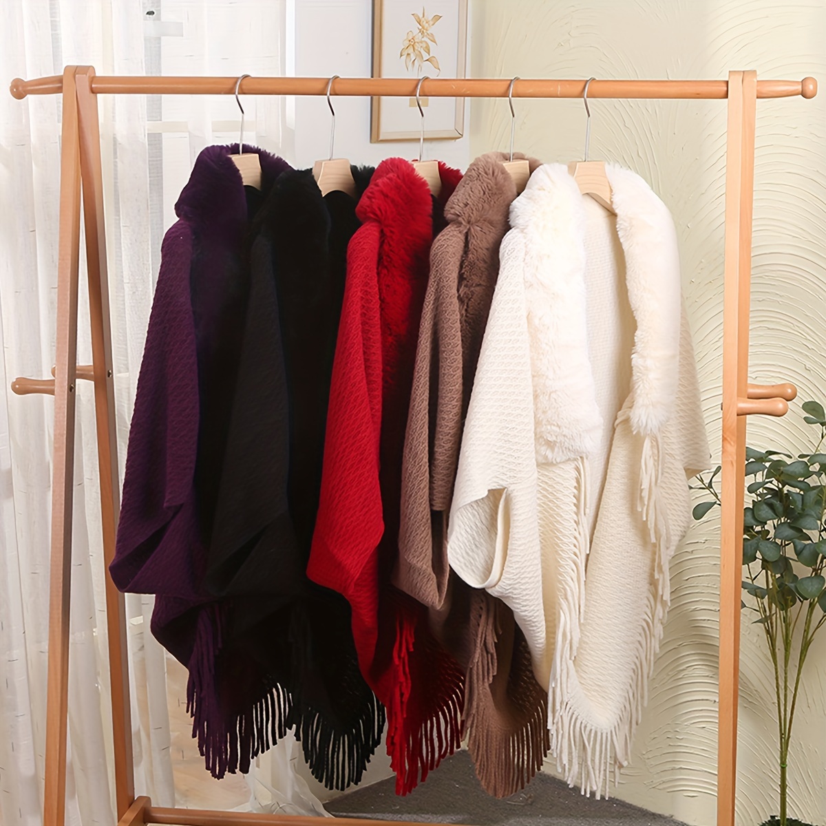 

Elegant Knit Cardigan With Fur Collar And Tassel Trim - Shawl Wrap For Women, Machine Washable