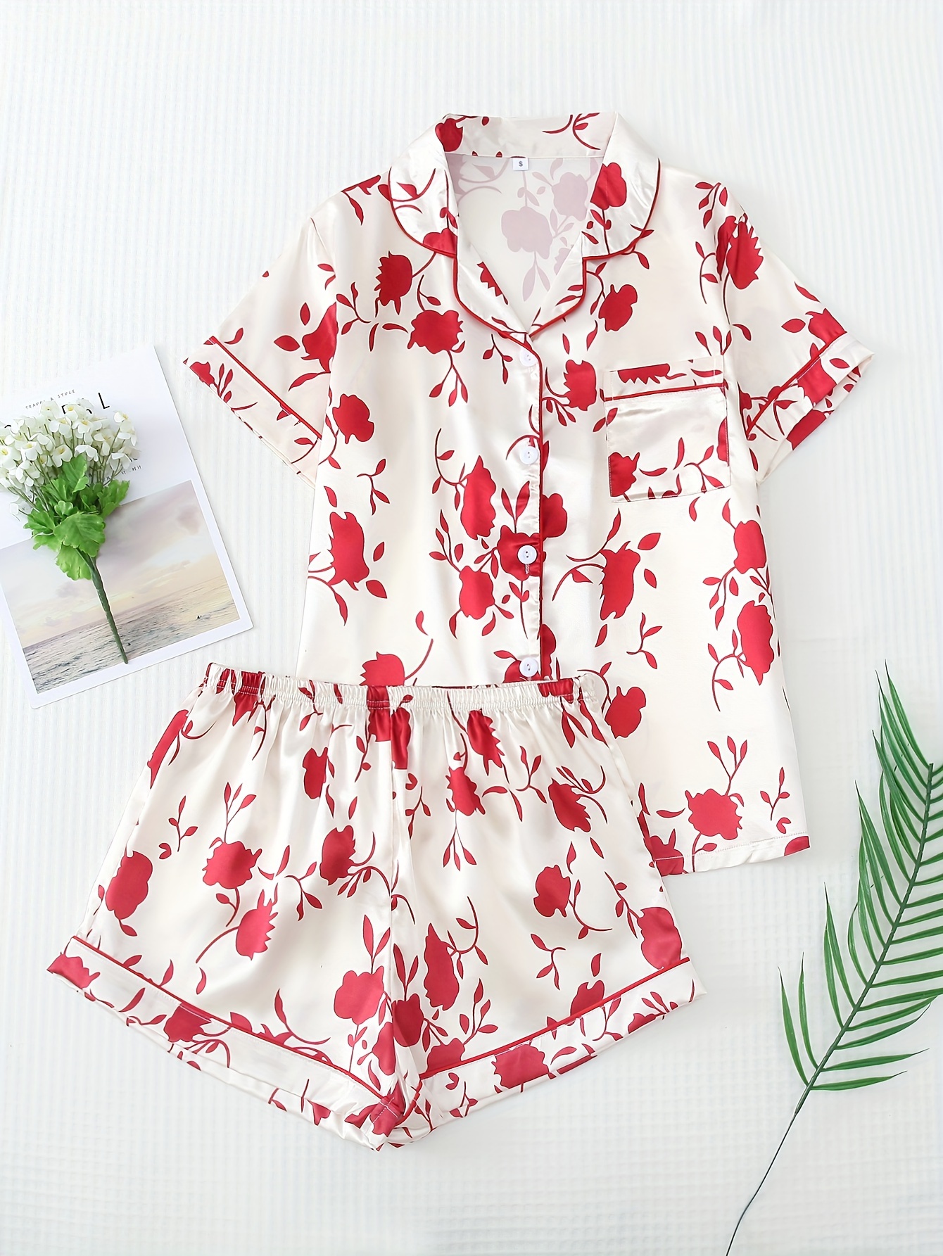 Pigiama Donna 2 Pezzi Vintage - Set Loungewear Cotone Con Stampa Foglie E Fiori, Collo A V