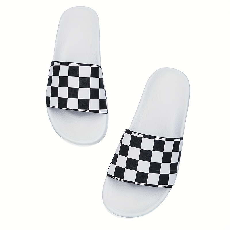 Men's Checkered Design Slides, Casual Non Slip Slippers, Open Toe