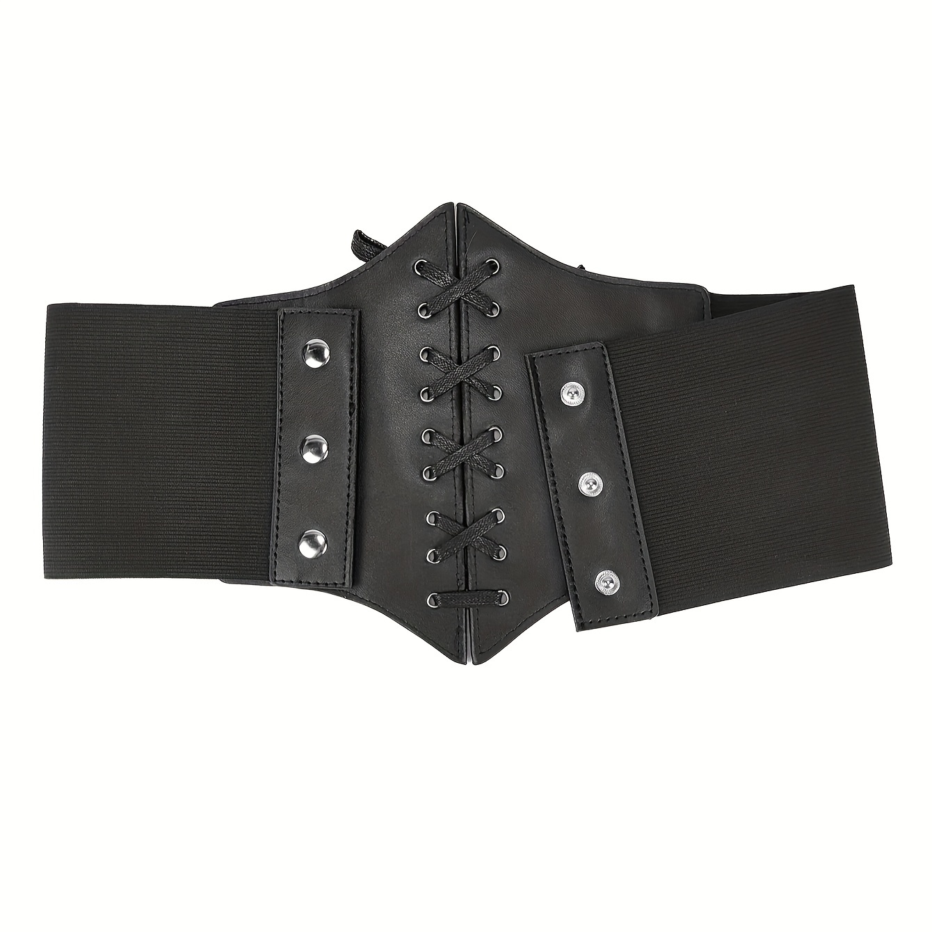 Three Buckle Wide PU Belt Black Punk Elastic Corset Belt Vintage Dress Coat  Girdle For Women