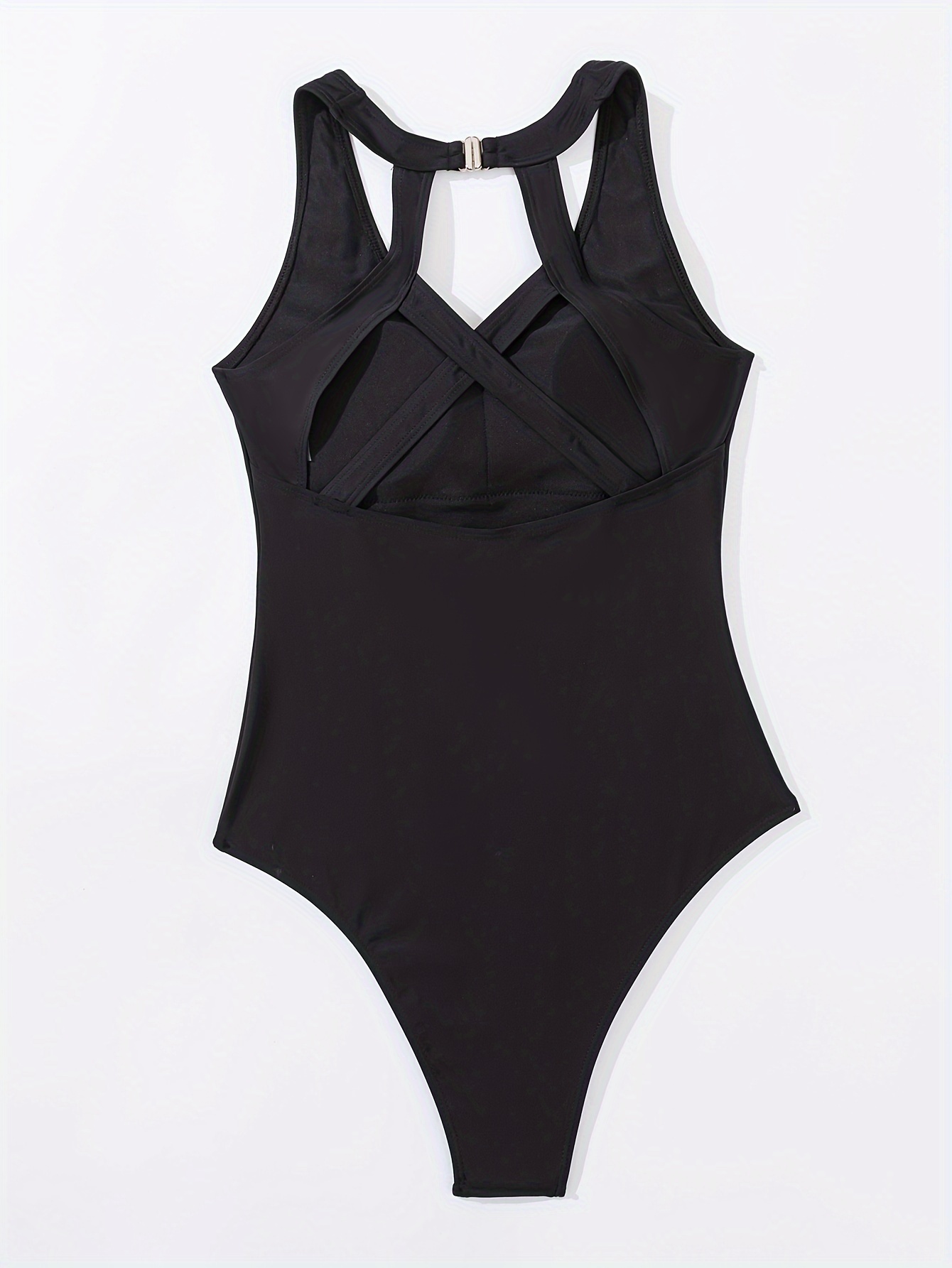 Plain Black Cut Swimsuit Scoop Neck High Stretch - Temu