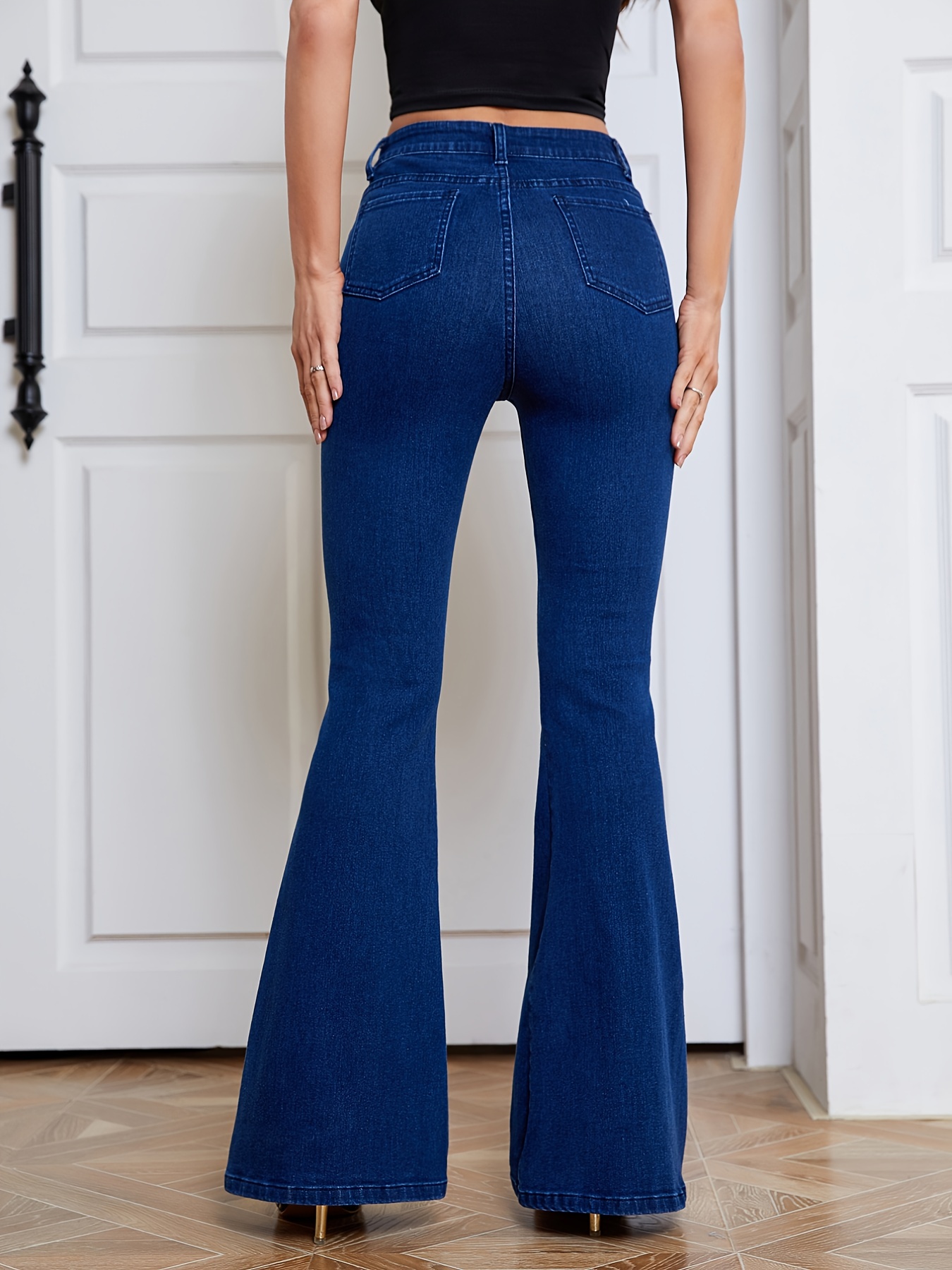 SHEIN Privé Navy Blue High-Waisted Flared Pants For Women