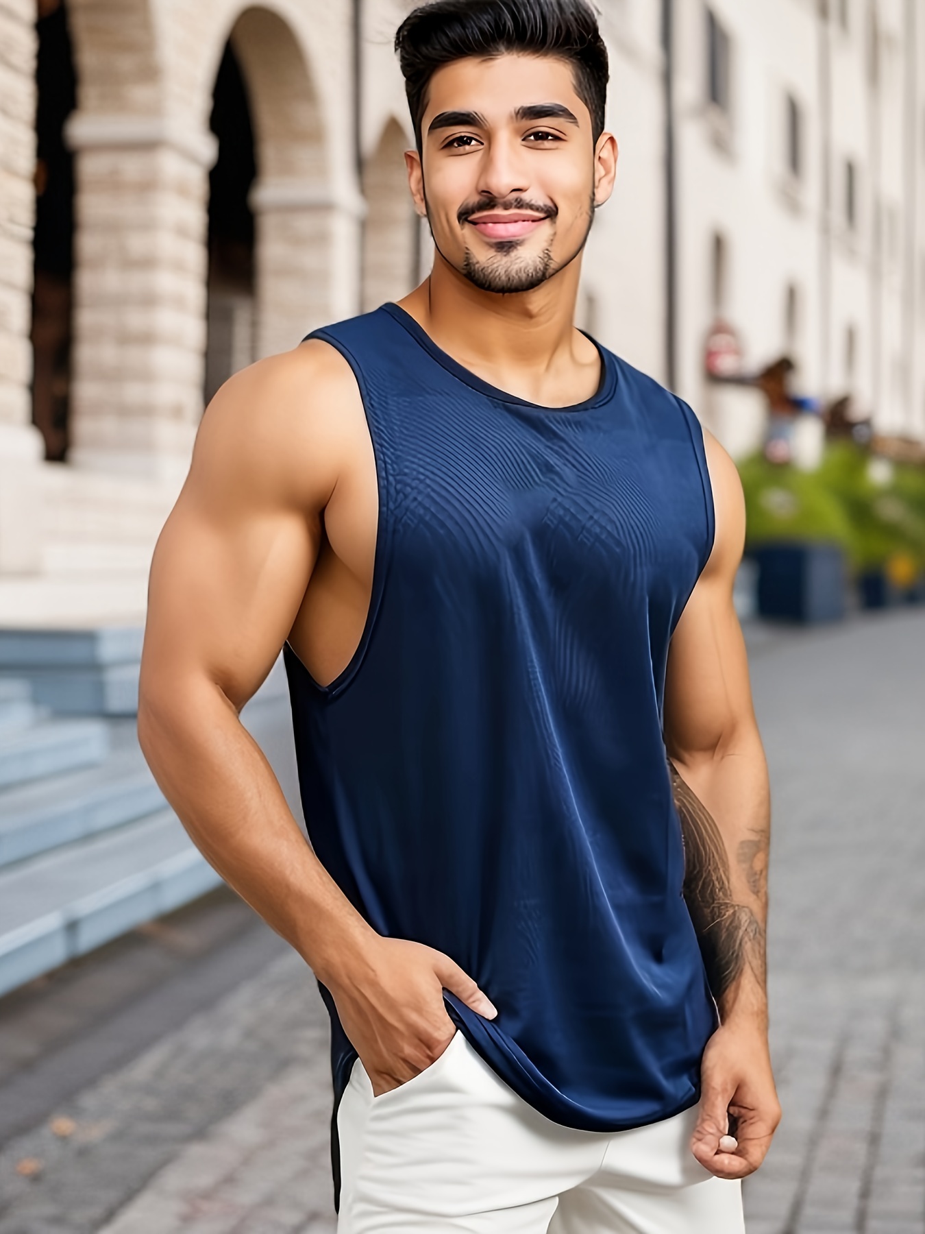 Hombre Verano Culturismo Camiseta Gym Sport Tee Casual Sleeveless Muscle  Vest Tops (azul marino)