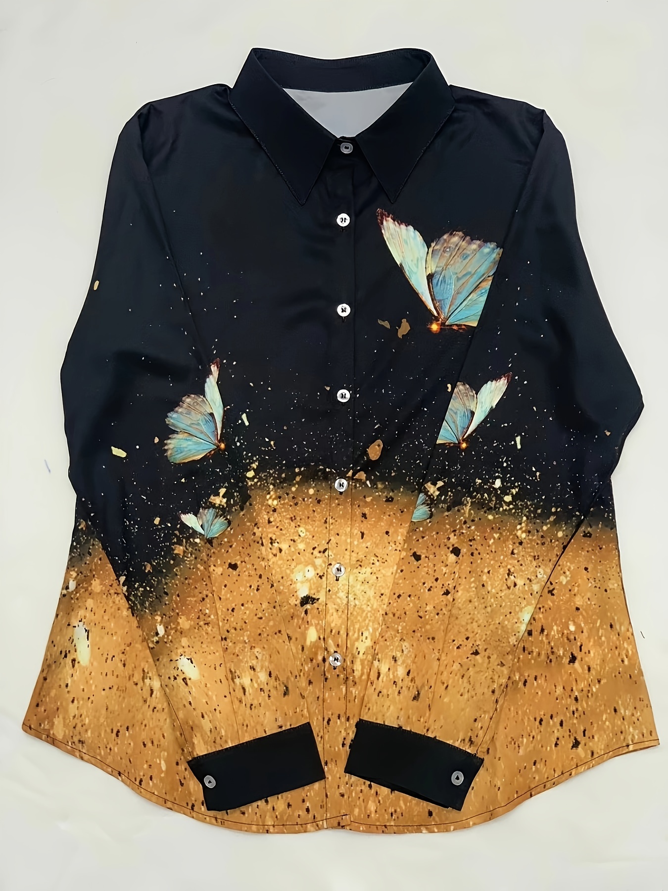 butterfly print color block shirt vintage long sleeve blouse for spring fall womens clothing