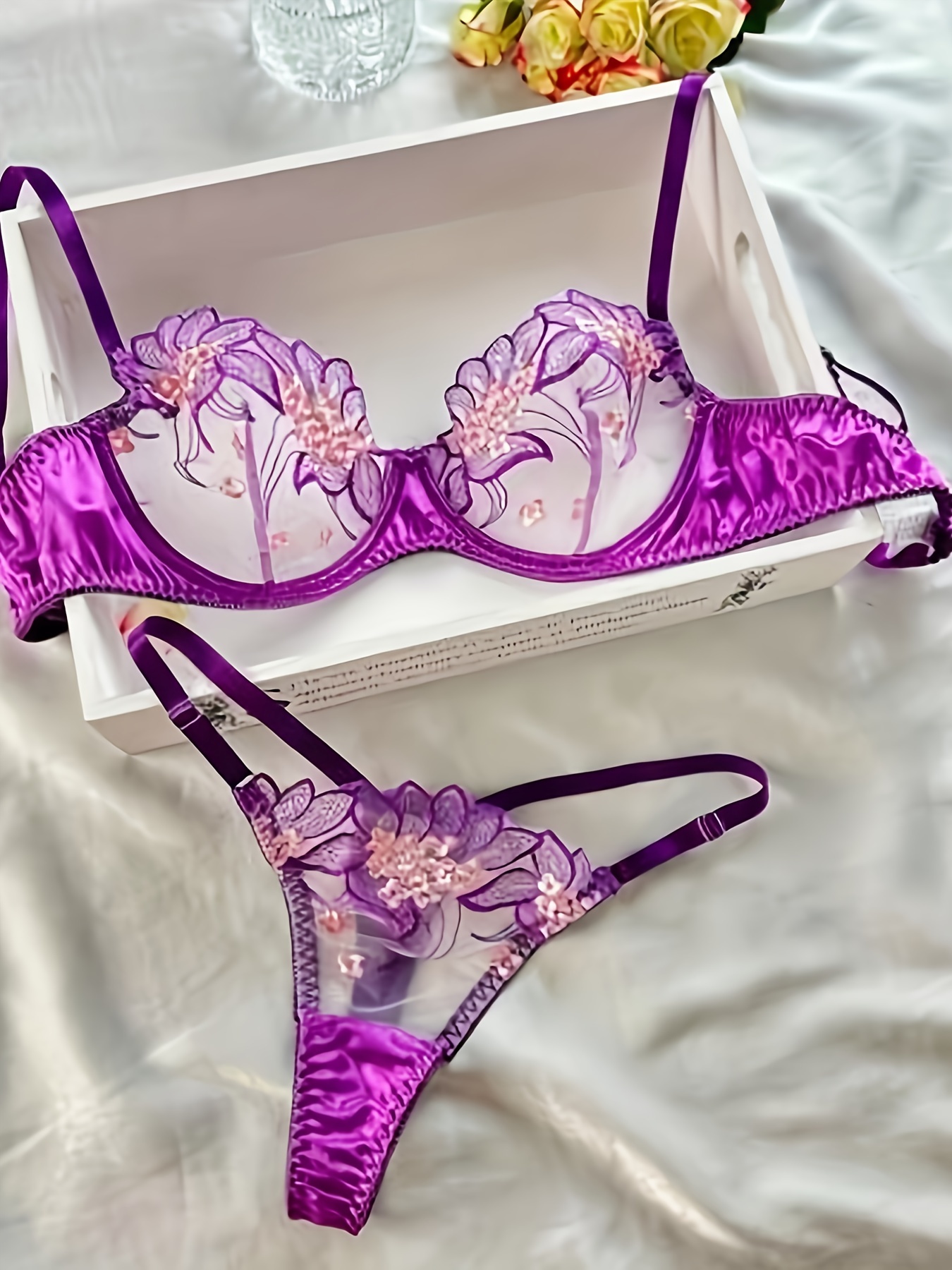 Floral Embroidered Sheer Lingerie Set Low Cup Non Padded Bra - Temu Germany