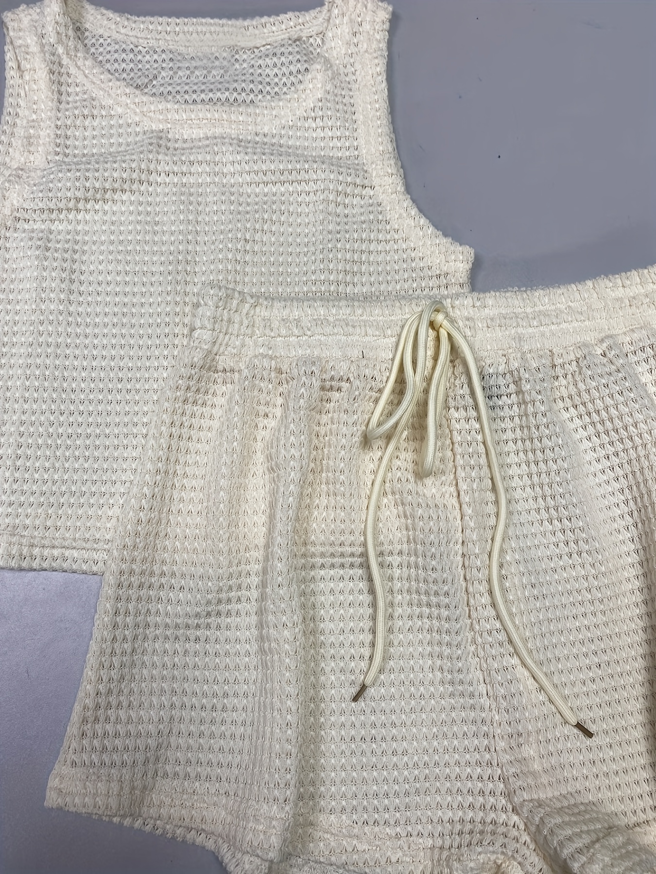 Waffle Two Piece Set Crew Neck Sleeveless Tank Top & Drawstring Shorts