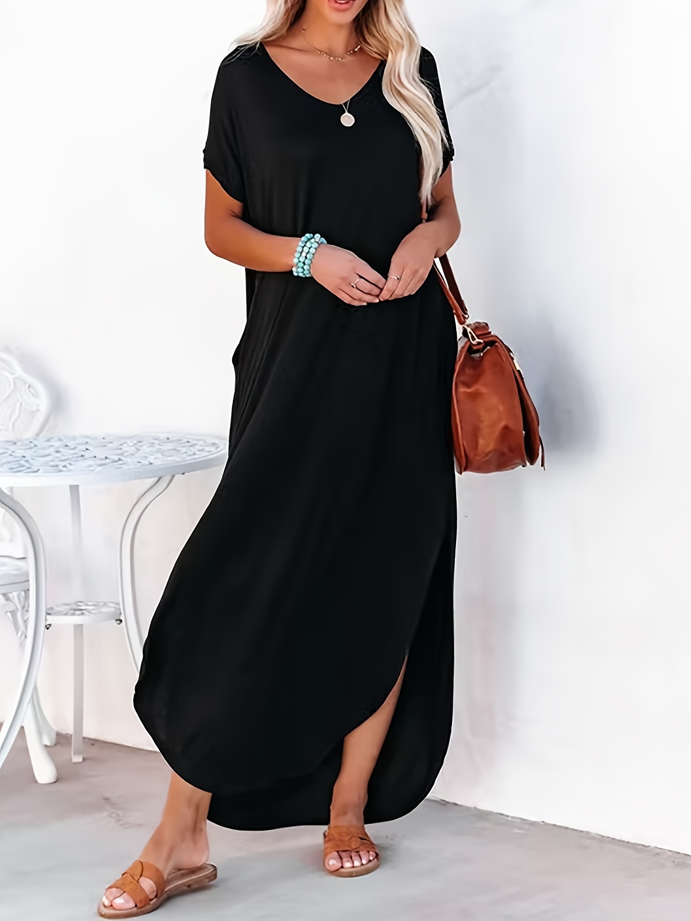 Dollar Print Split Dress, Casual Slim Crew Neck Short Sleeve Maxi Dress, Women's  Clothing - Temu Bahrain