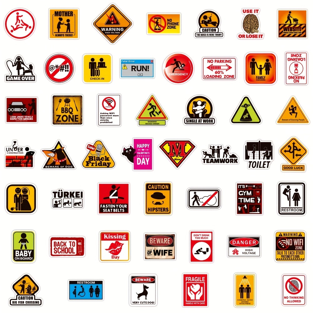 Warning Stickers (50 Pcs), Caution Vinyl Decal, Waterproof Sticker